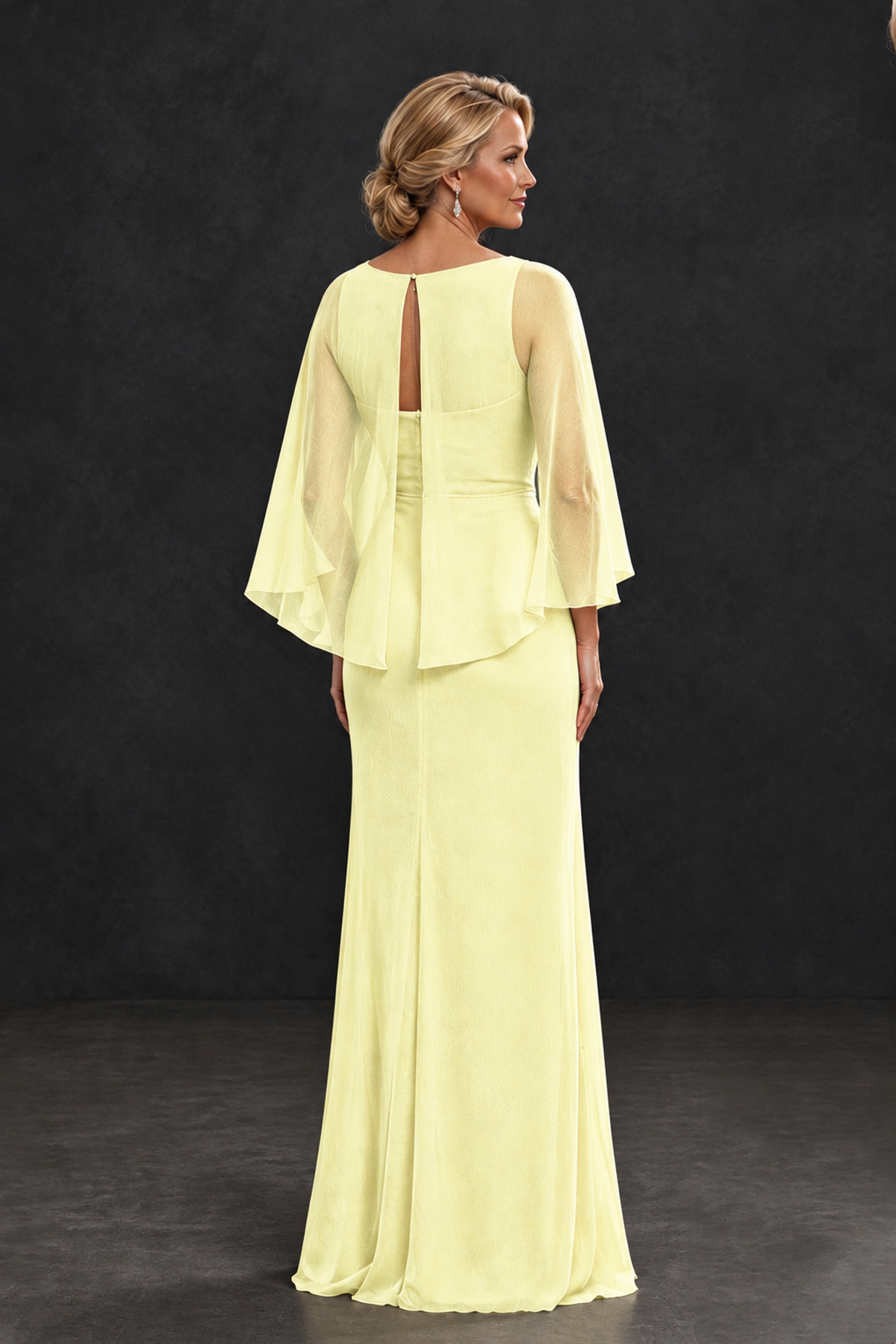 BOLODOO Light Yellow Cape Sleeve Mother of the Bride Dress with Ruched Waist - Light Yellow - Light Yellow_2