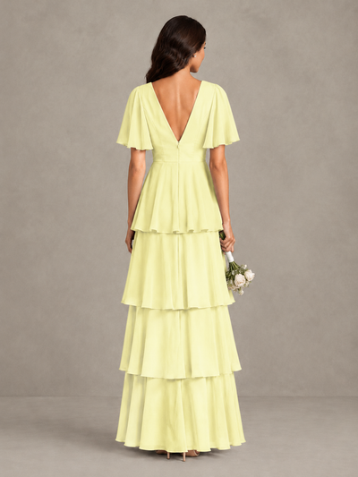 BOLODOO Light Yellow Tiered Flutter Sleeve Bridesmaid Dress - Light Yellow - Light Yellow_2