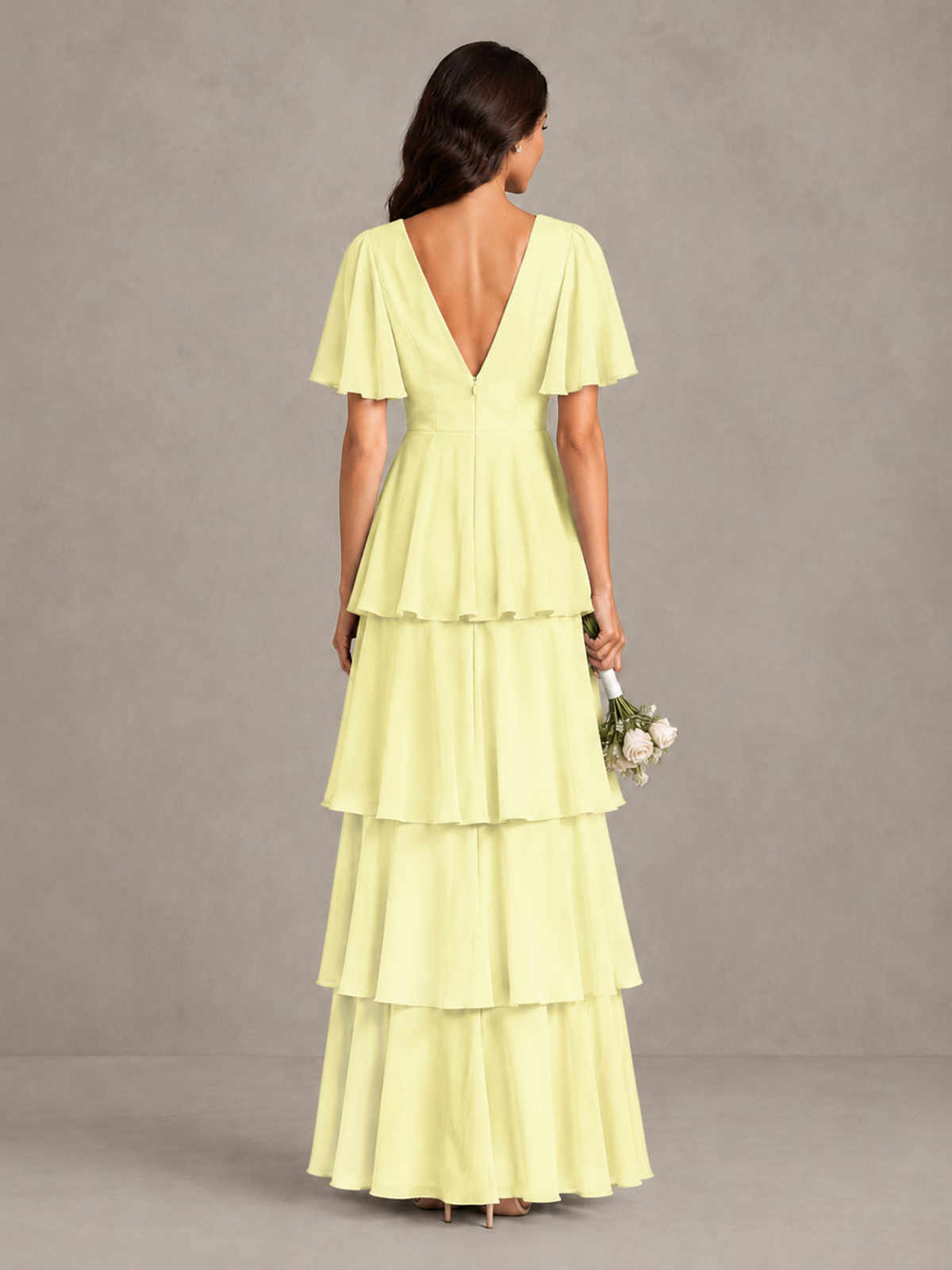 BOLODOO Light Yellow Tiered Flutter Sleeve Bridesmaid Dress - Light Yellow - Light Yellow_2