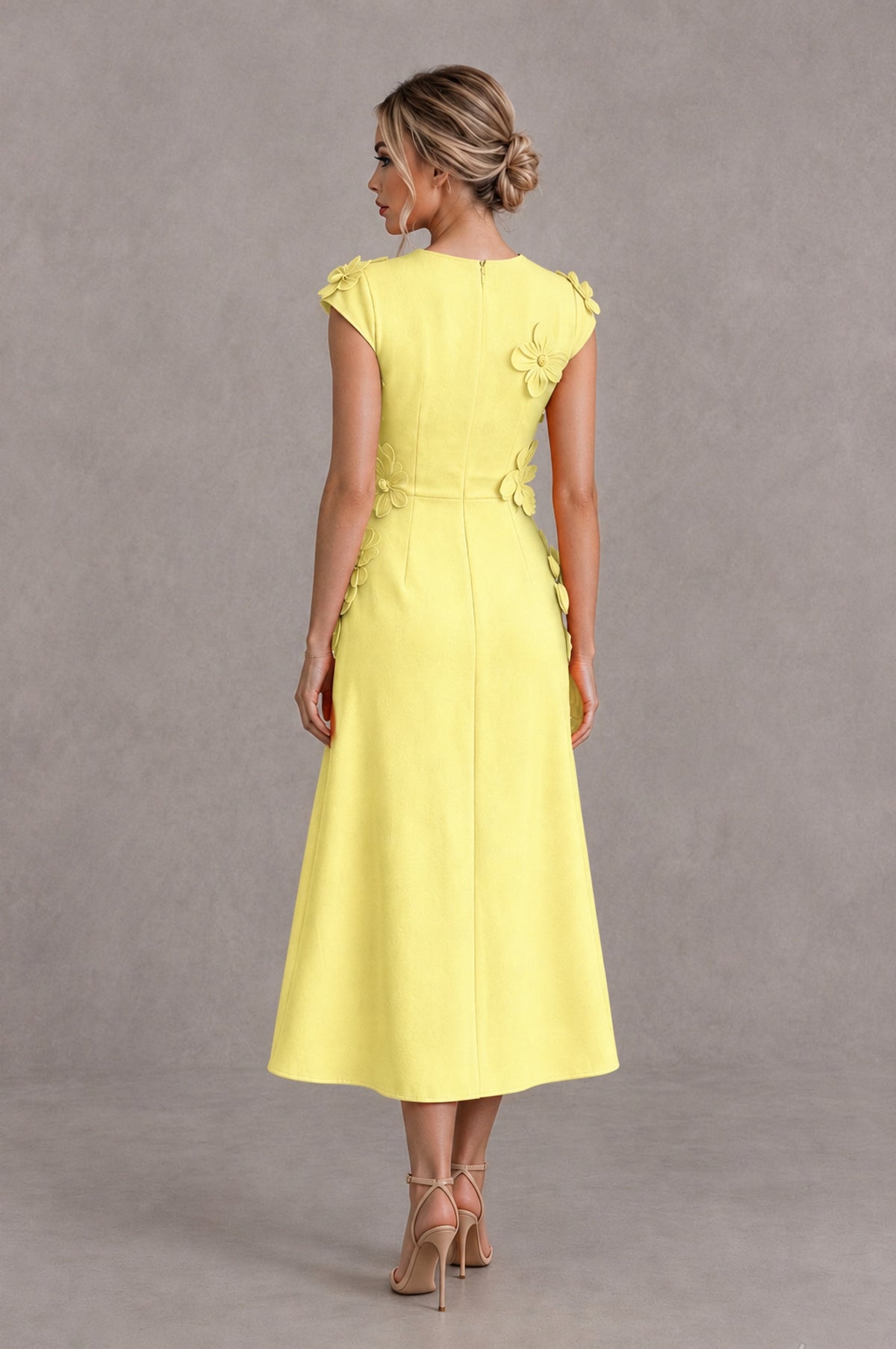 BOLODOO Light Yellow 3D Floral Cap Sleeve Midi Cocktail Dress - Light Yellow - Light Yellow_2