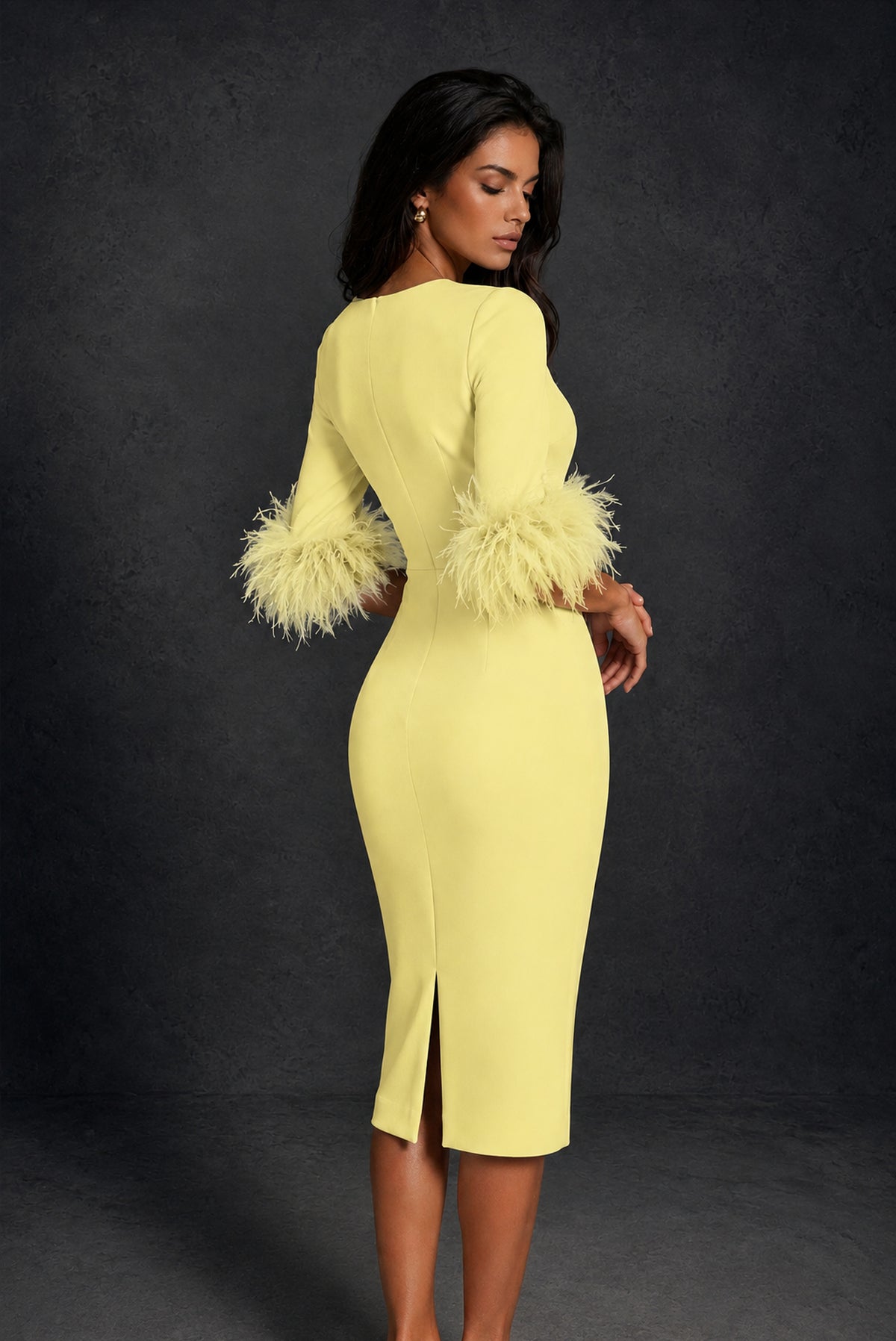 BOLODOO Light Yellow Ostrich Feather Cuff 3/4 Sleeve Round Neck Bodycon Midi Dress with Back Slit - Light Yellow