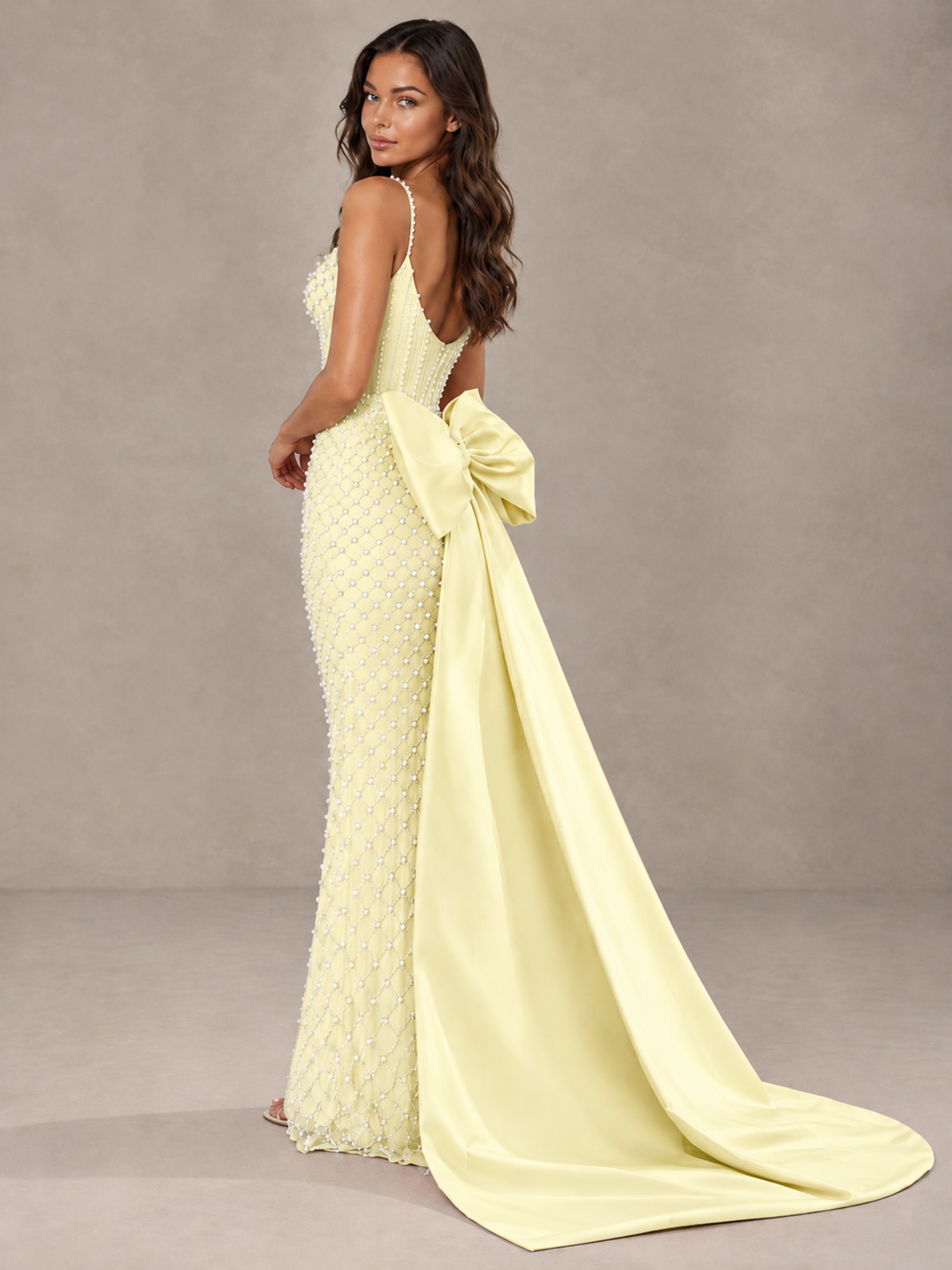 BOLODOO Light Yellow Beaded Corset Prom Dress with Bow Train - Light Yellow - Light_Yellow_2