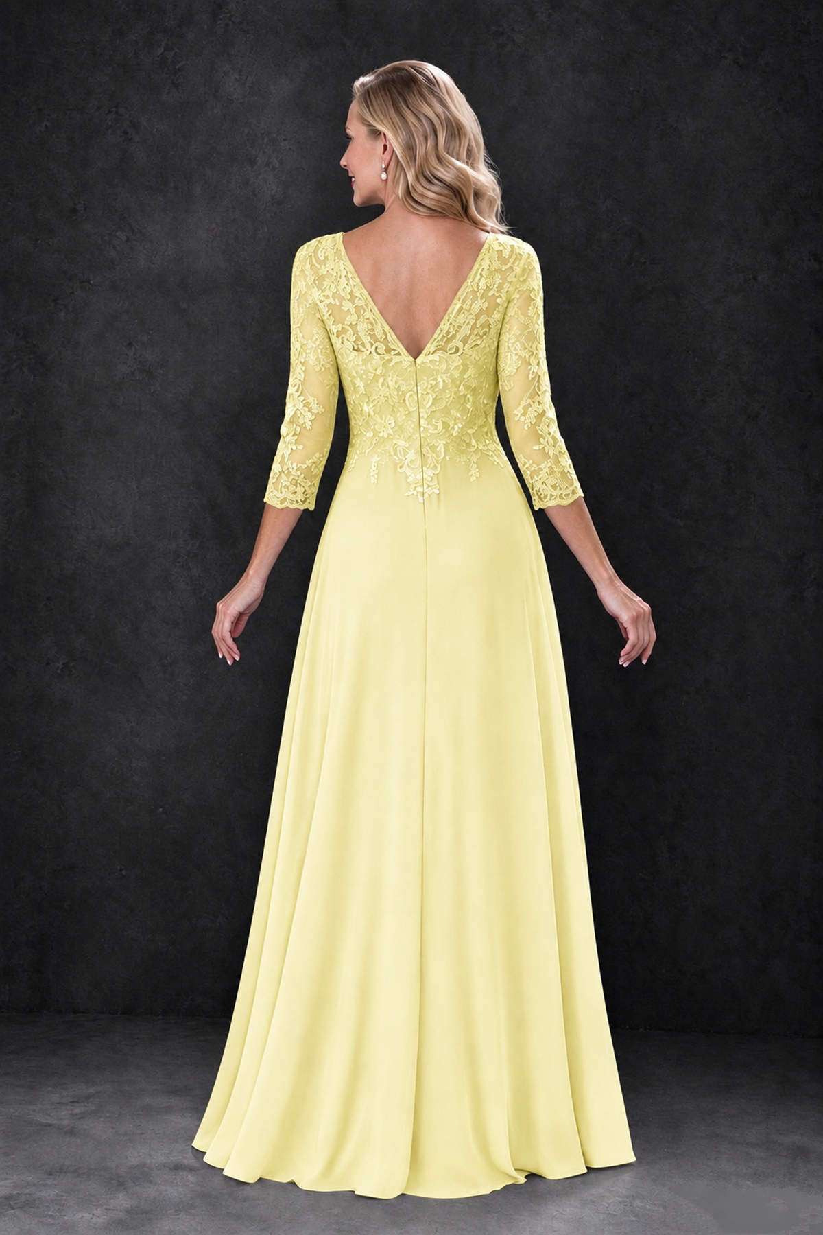BOLODOO Light Yellow Lace Embroidered Mother of the Bride Dress with 3/4 Sleeves - Light Yellow - Light Yellow_2