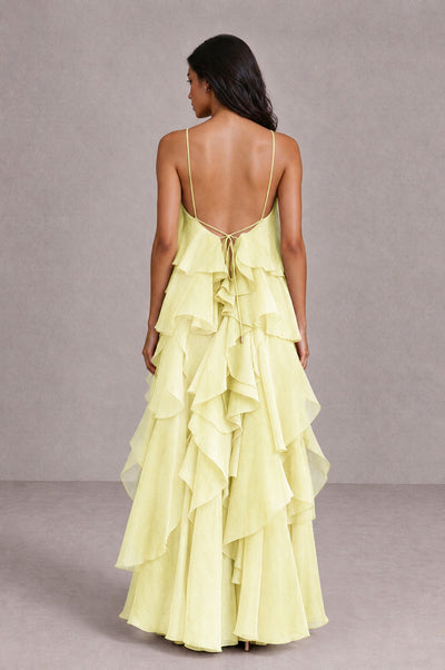 BOLODOO Light Yellow Cascading Ruffle Rosette Open-Back Maxi Dress - Light Yellow - Light Yellow_2