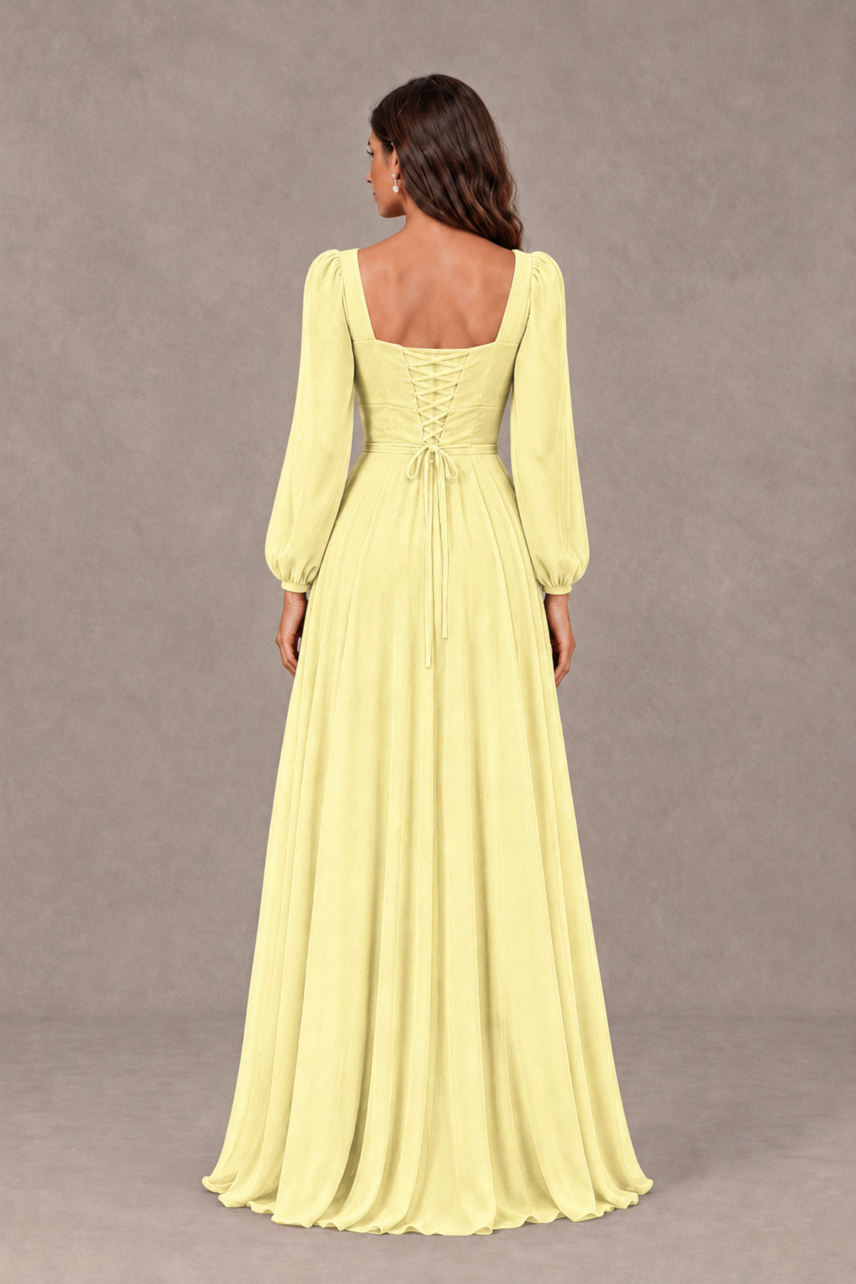 BOLODOO Light Yellow Square Neck Long Sleeve A-Line Bridesmaid Dress - Light Yellow - Light Yellow_2