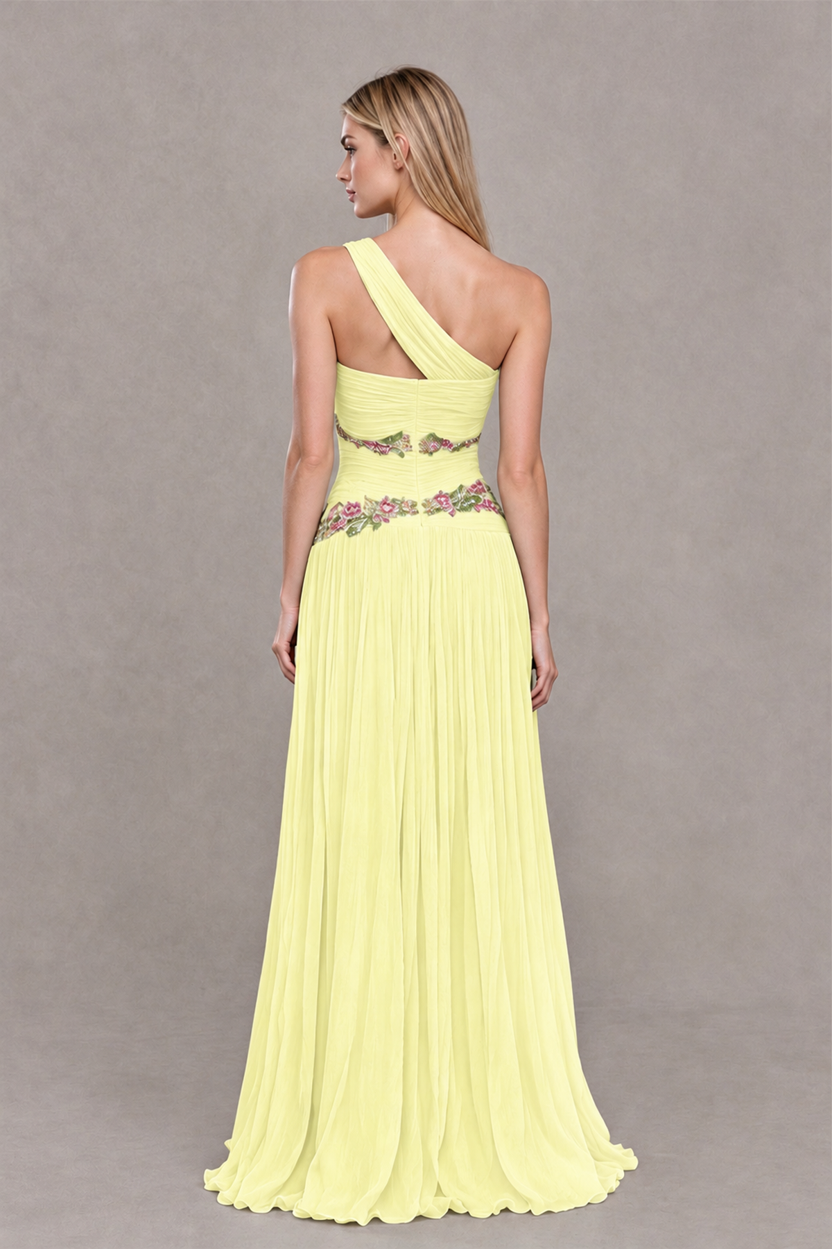BOLODOO Light Yellow One-Shoulder Floral Applique A-Line Evening Dress - Light Yellow - Light Yellow_2