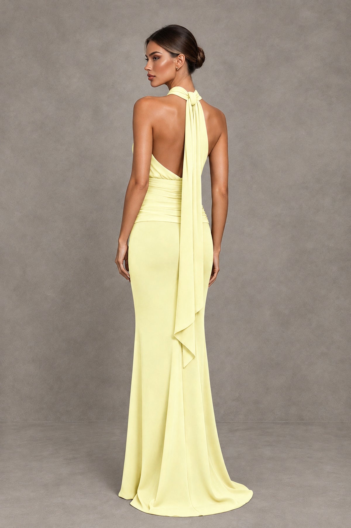 BOLODOO Light Yellow Chiffon Halter Maxi Formal Wedding Guest Dress - Light Yellow - Light Yellow_2