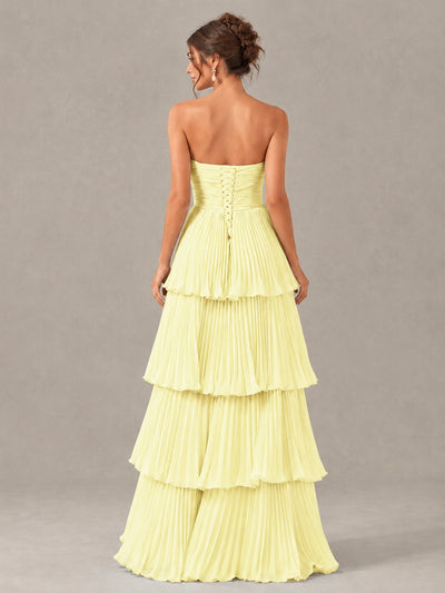 BOLODOO Light Yellow Strapless Tiered Pleated Bridesmaid Dress - Light Yellow - Light Yellow_2