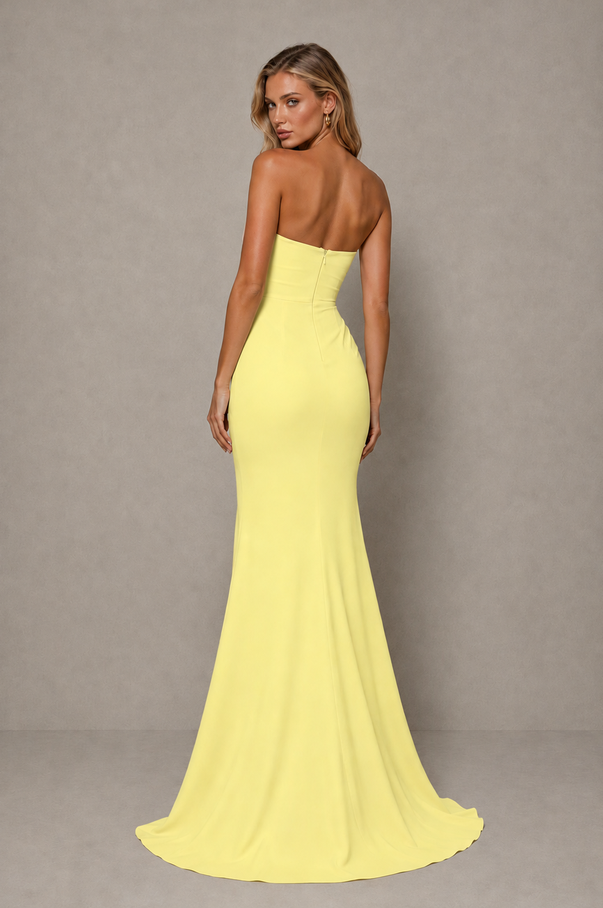 BOLODOO Light Yellow Strapless Sweetheart Ruched Mermaid Gown | Cascade Drape Formal Evening Dress - Light Yellow - Light_Yellow_2