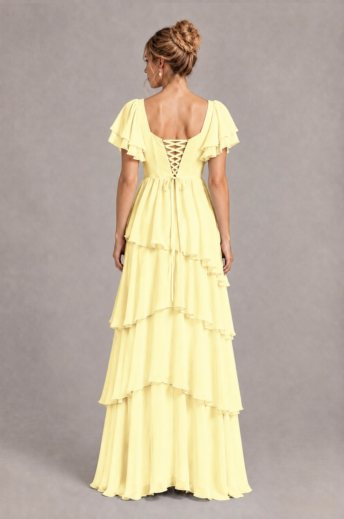BOLODOO Light Yellow Square Neck Flutter Sleeve Tiered Chiffon Bridesmaid Dress with Lace-Up Back - Light Yellow - Light Yellow_2