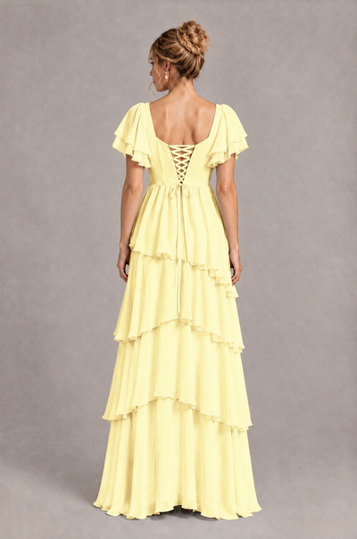 BOLODOO Light Yellow Square Neck Flutter Sleeve Tiered Chiffon Bridesmaid Dress with Lace-Up Back - Light Yellow - Light Yellow_2