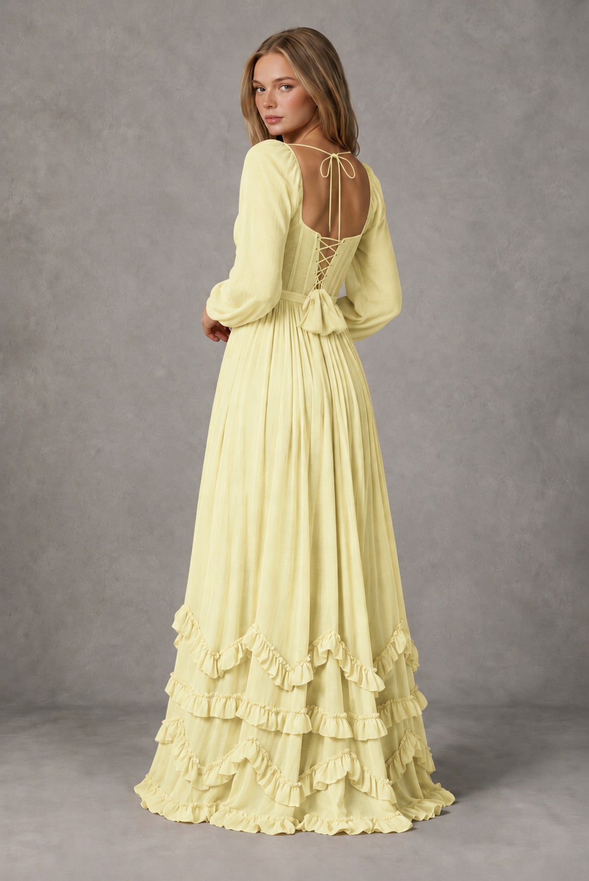 Light Yellow Long-Sleeve Ruffle Maxi Dress with Lace-Up Back and Slit - Light Yellow