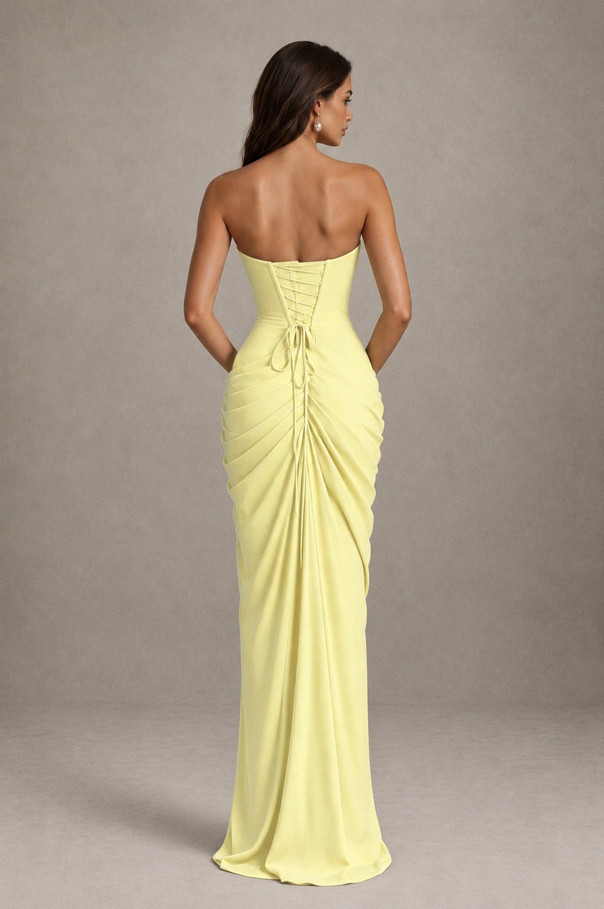 BOLODOO Strapless Draped Maxi Dress - Light Yellow Backless Evening Gown with High Slit - Light Yellow - Light Yellow_2