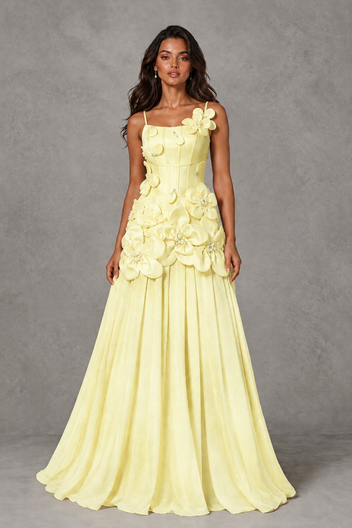 BOLODOO Light Yellow 3D Floral Appliqué Floor-Length A-Line Evening Gown - Light Yellow