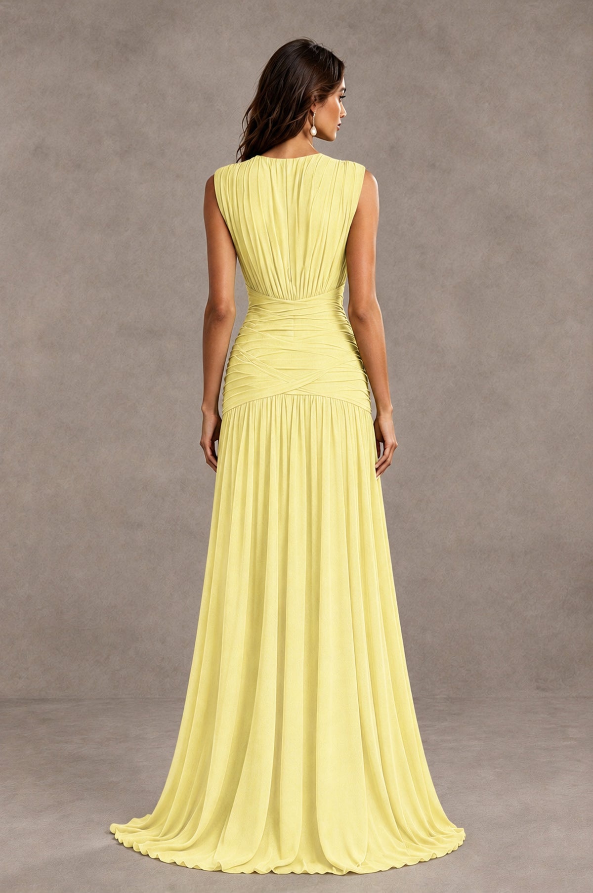 BOLODOO Light Yellow V-Neck Ruched Wedding Guest Dress - Light Yellow - Light Yellow_2