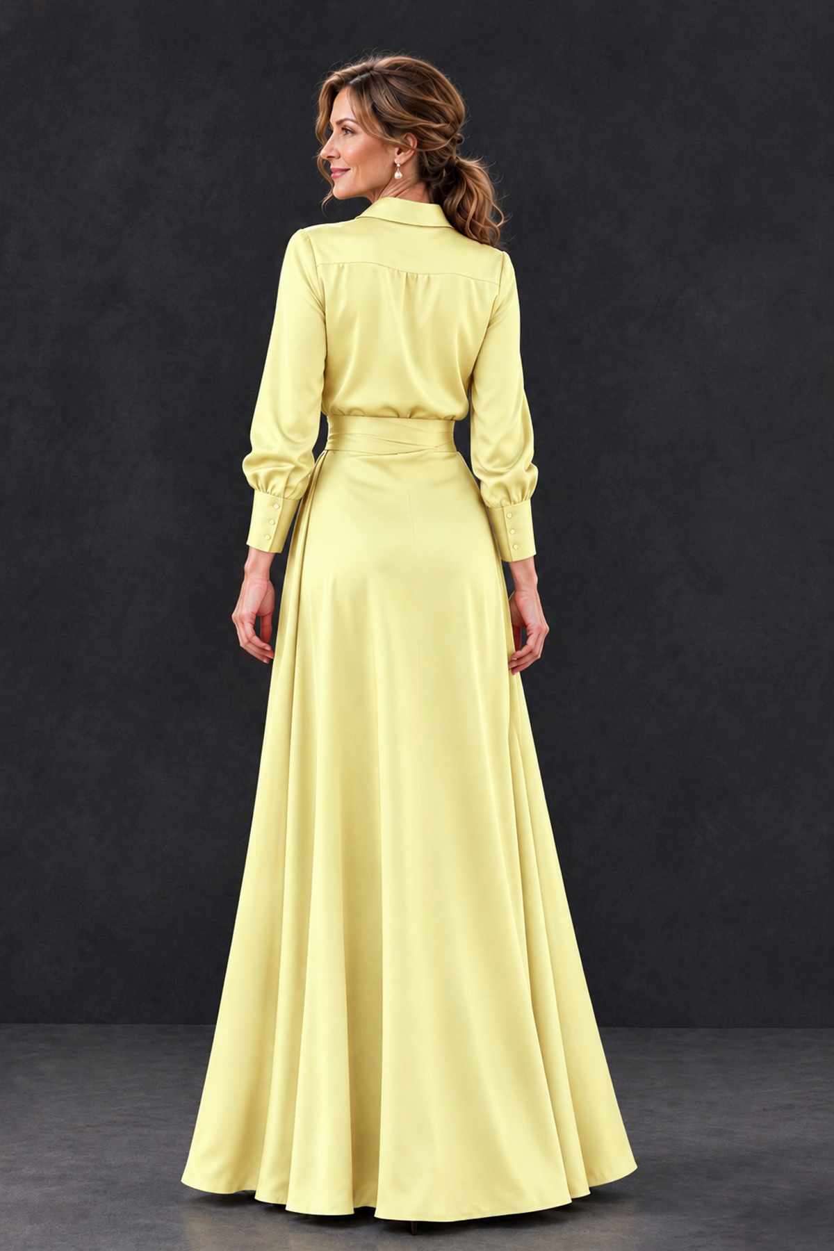 BOLODOO Light Yellow Long Sleeve Satin-Look Lace Panel Gown - Light Yellow - Light Yellow_2