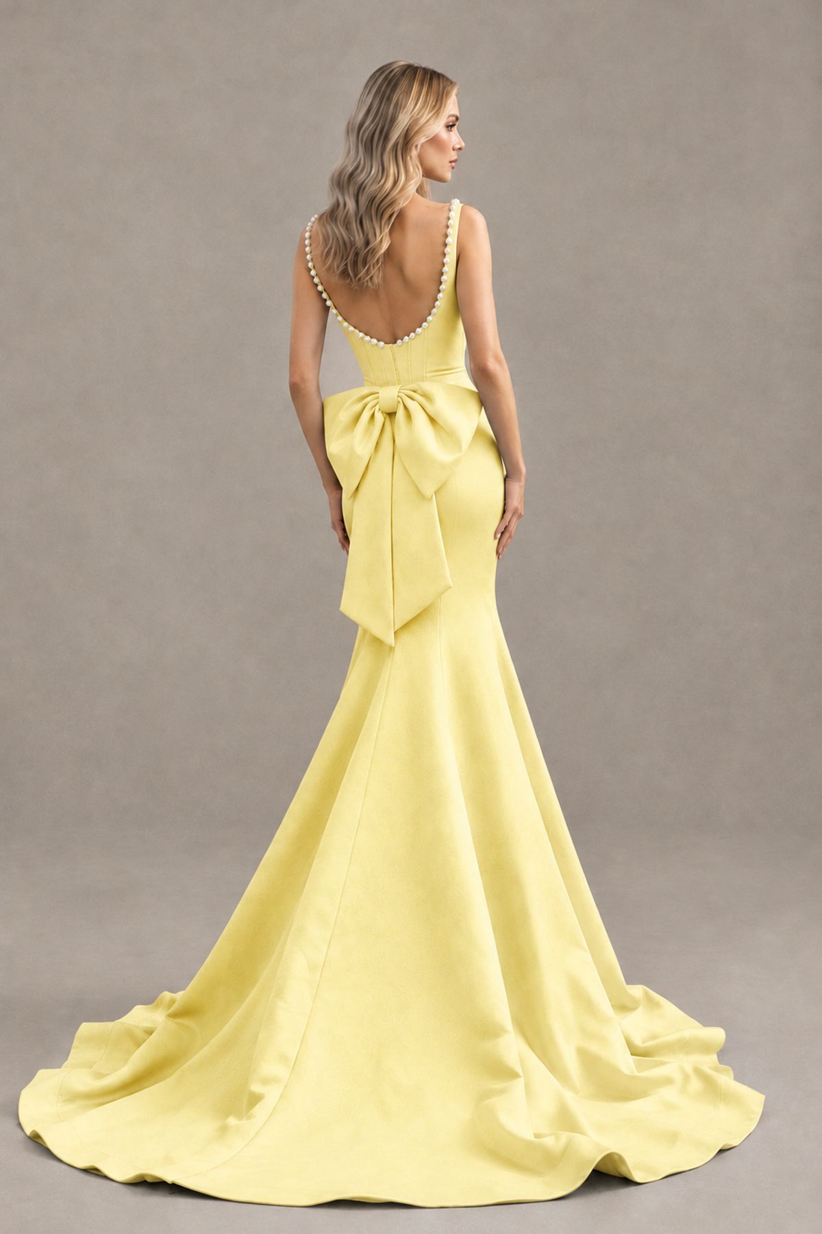 BOLODOO Light Yellow Pearl-Trim Mermaid Prom Dress with Back Bow - Light Yellow - Light_Yellow_2