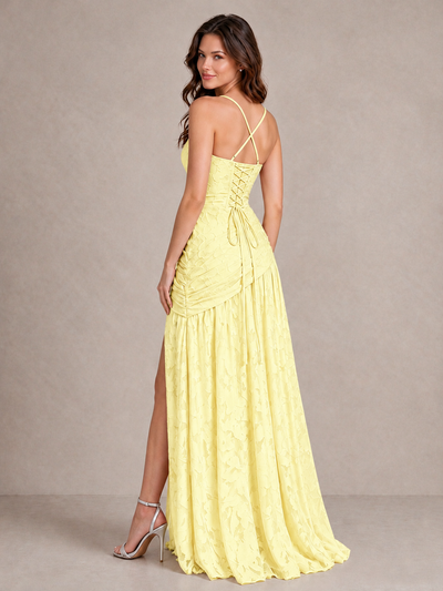 BOLODOO Light Yellow Floral Jacquard Bridesmaid Dress with Square Neck, Lace-Up Back & High Slit - Light Yellow - Light Yellow_2