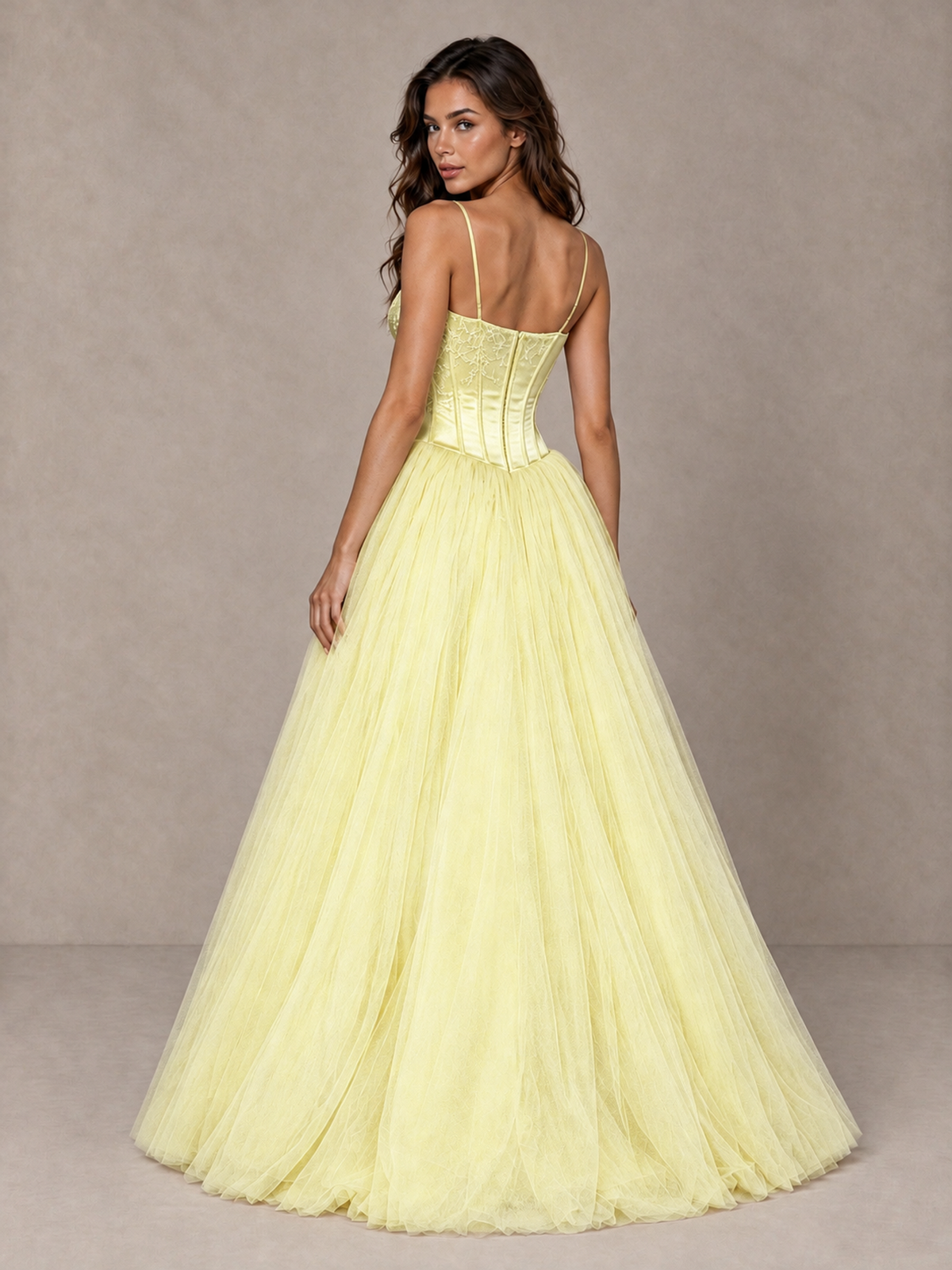 BOLODOO Light Yellow Corset Tulle Prom Dress with Spaghetti Straps - Light Yellow - Light_Yellow_2