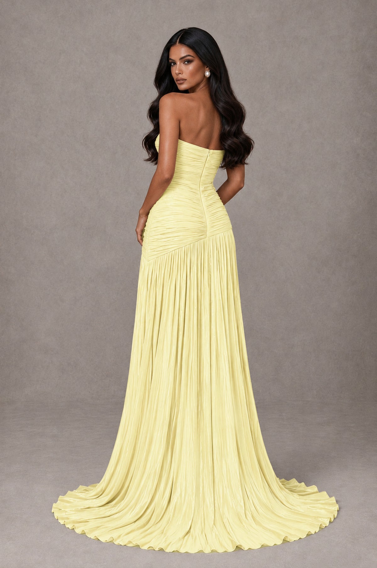 BOLODOO Light Yellow Metallic Ruched Strapless Pleated A-Line Backless Maxi Dress with Train - Light Yellow - Light Yellow_2