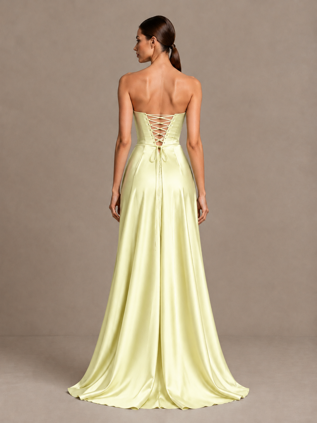 BOLODOO Light Yellow Strapless Satin High-Slit Lace-Up Prom Dress - Light Yellow - Light Yellow_2