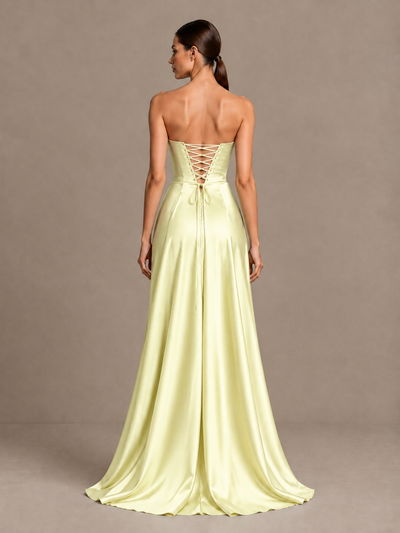 BOLODOO Light Yellow Strapless Satin High-Slit Lace-Up Prom Dress - Light Yellow - Light Yellow_2