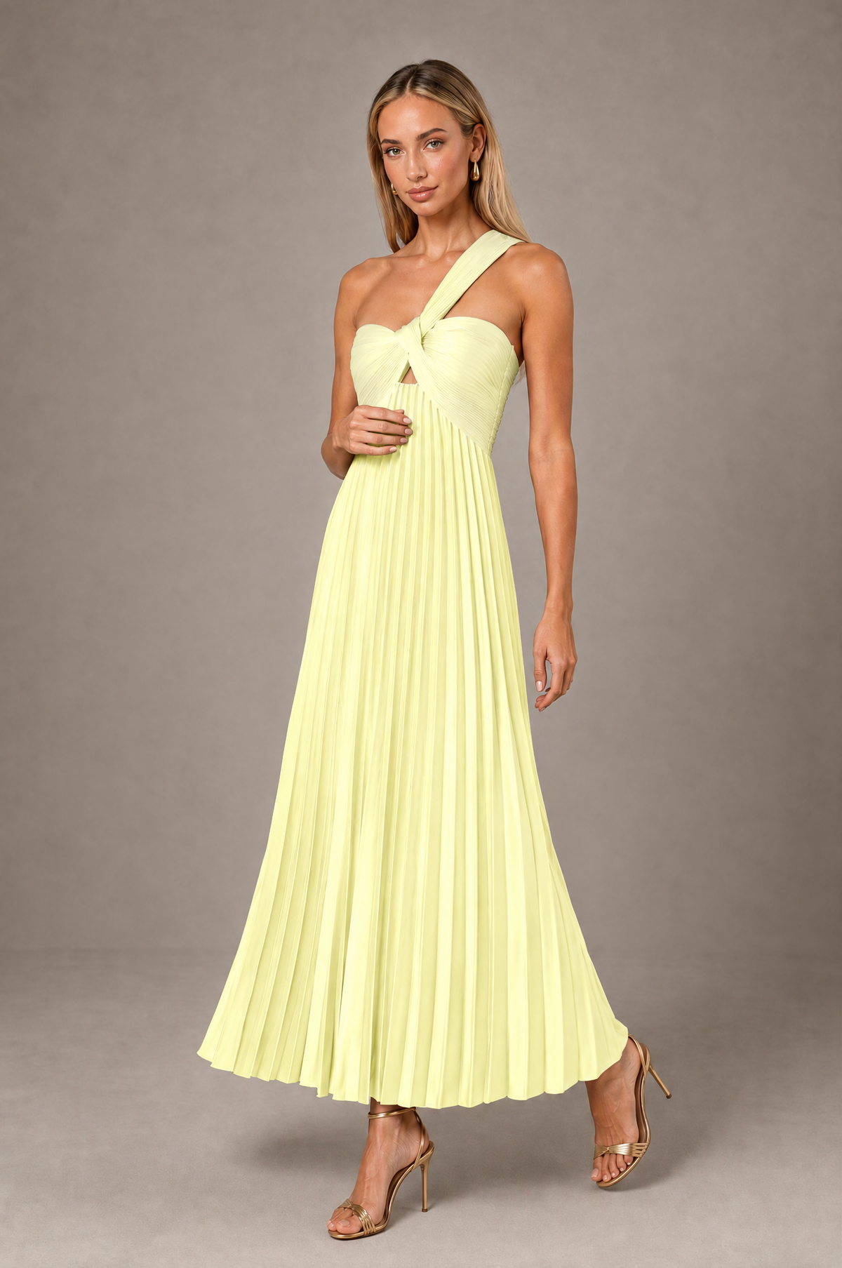 BOLODOO Light Yellow One-Shoulder Twist Knot Pleated Satin Midi Dress with Cutout - Light Yellow - Light_Yellow_3