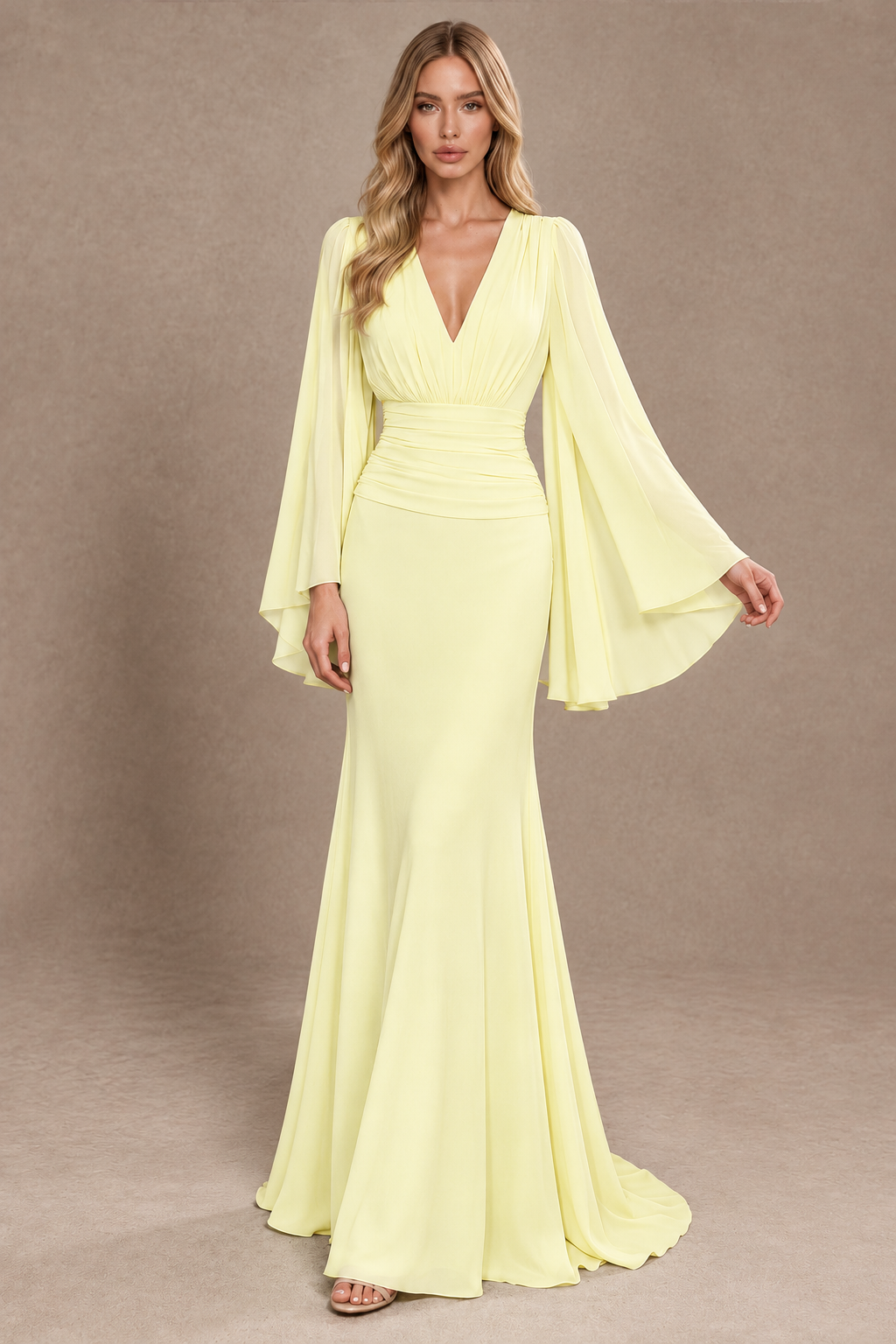 BOLODOO Light Yellow Cape Sleeve V-Neck Ruched Chiffon Evening Dress - Light Yellow - Light_Yellow_3