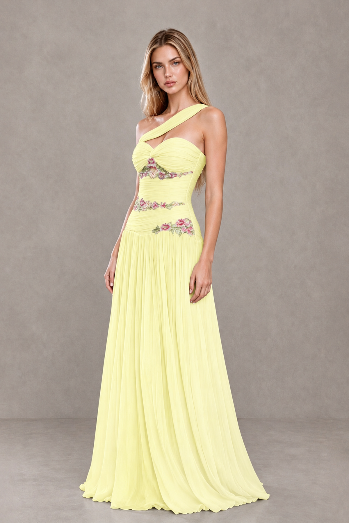 BOLODOO Light Yellow One-Shoulder Floral Applique A-Line Evening Dress - Light Yellow - Light Yellow_3