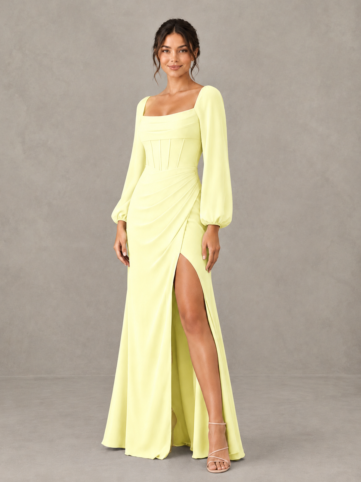BOLODOO Light Yellow Square Neck Long Sleeve Bridesmaid Dress with High Slit - Light Yellow - Light Yellow_3
