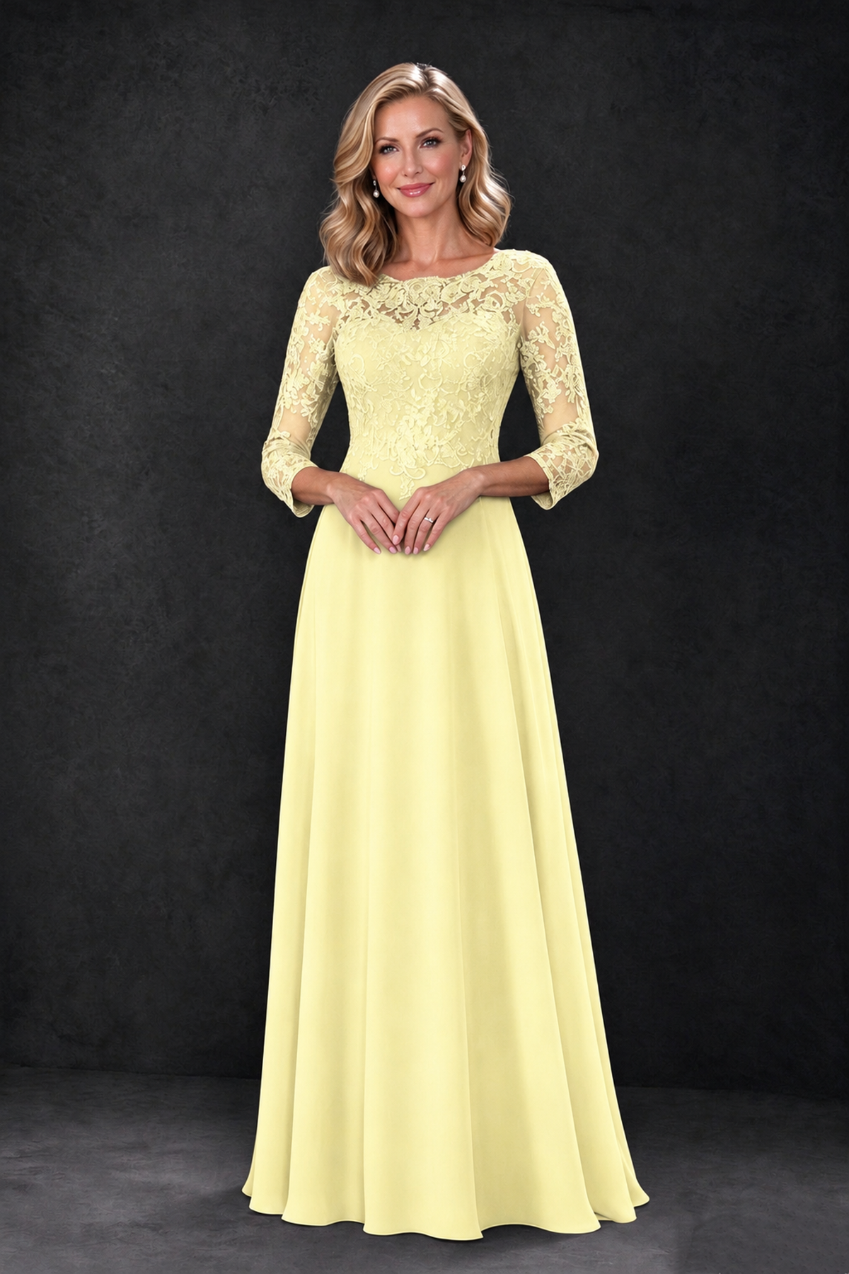 BOLODOO Light Yellow Lace Embroidered Mother of the Bride Dress with 3/4 Sleeves - Light Yellow - Light Yellow_3