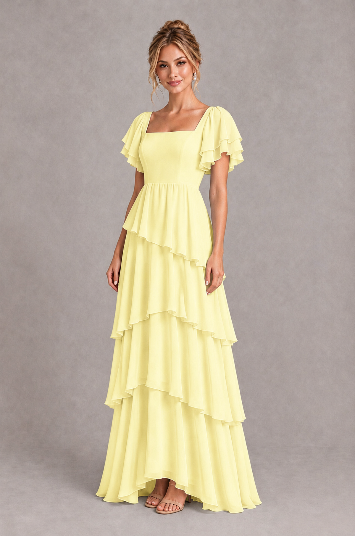 BOLODOO Light Yellow Square Neck Flutter Sleeve Tiered Chiffon Bridesmaid Dress with Lace-Up Back - Light Yellow - Light Yellow_3