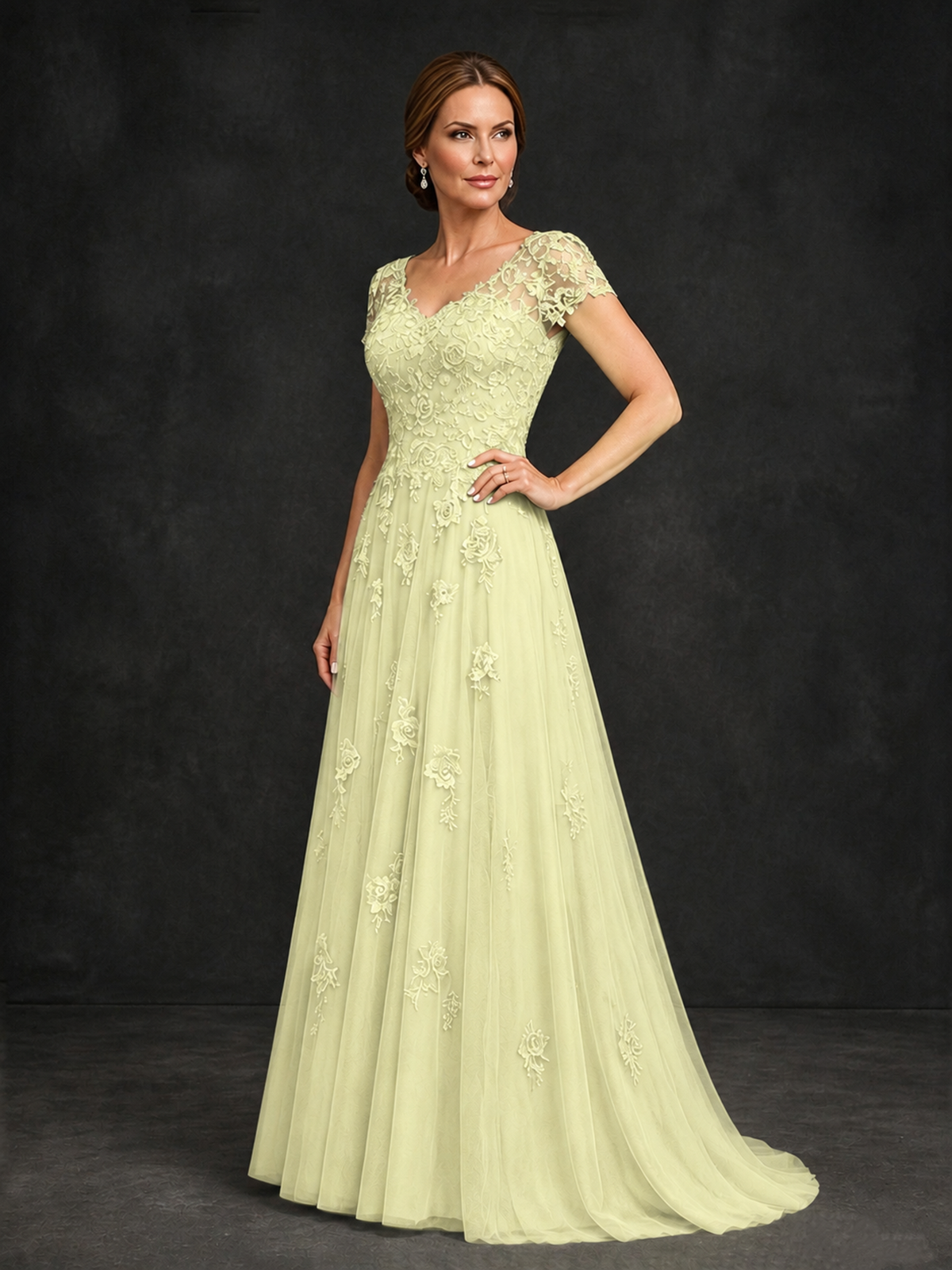 BOLODOO Light Yellow Cap Sleeve Lace Appliqué A-Line Formal Gown | Mother of the Bride Dress - Light Yellow - Light Yellow_3