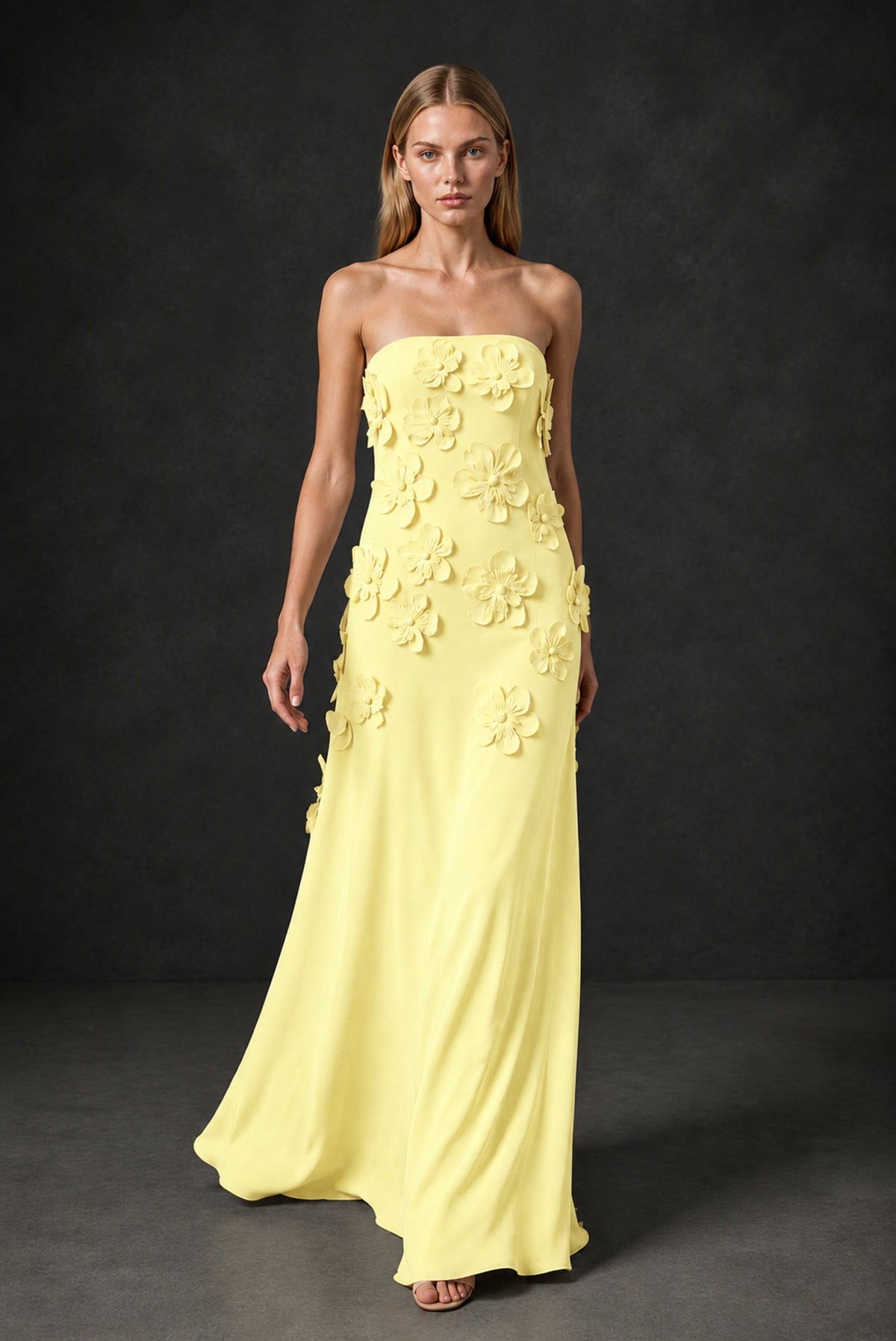 BOLODOO Light Yellow Strapless 3D Floral Appliqué Crepe Maxi Gown - Light Yellow