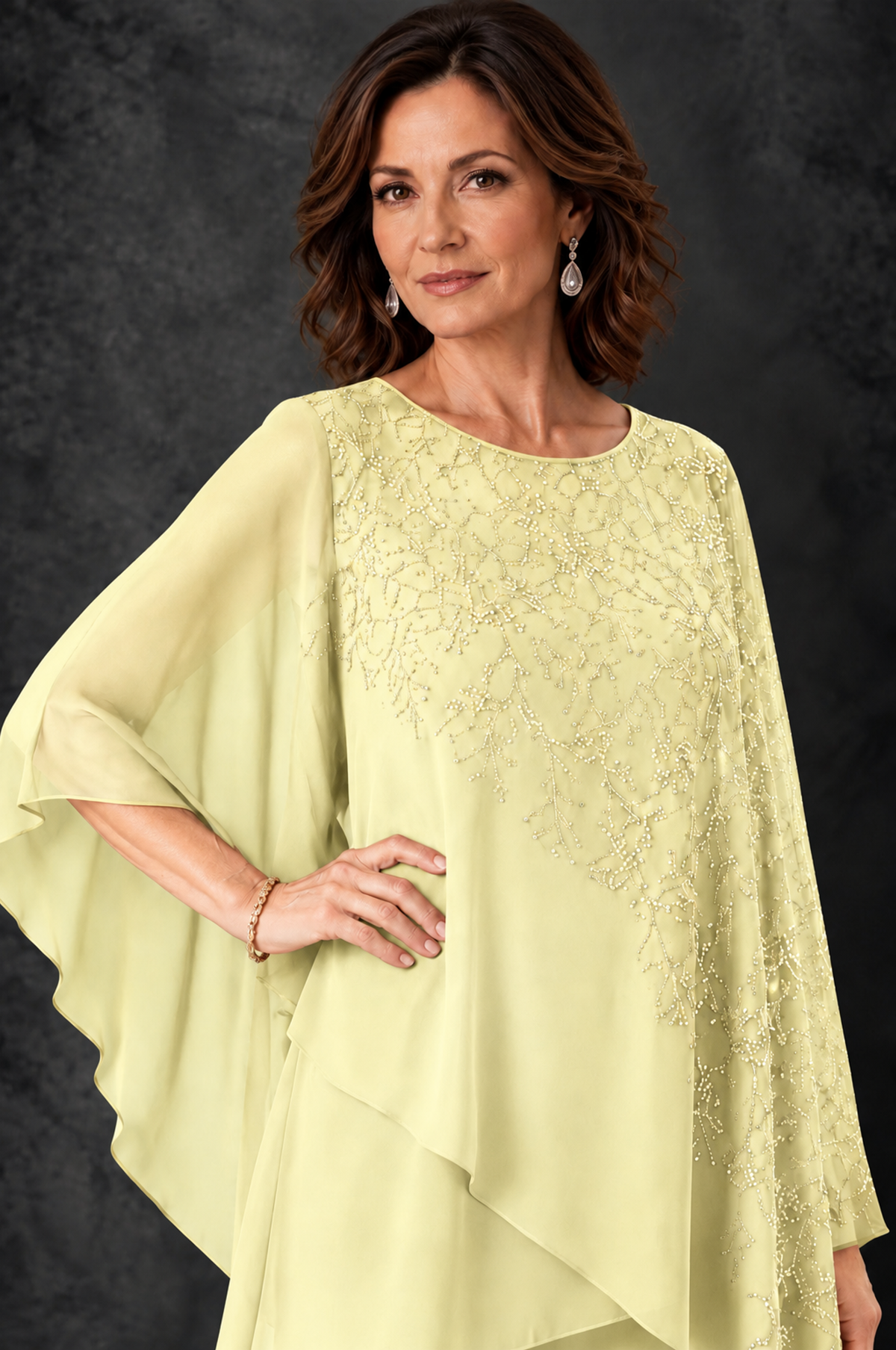 BOLODOO Light Yellow Embellished Cape Pant Suit for Mother of the Bride - Light Yellow - Light_Yellow_3