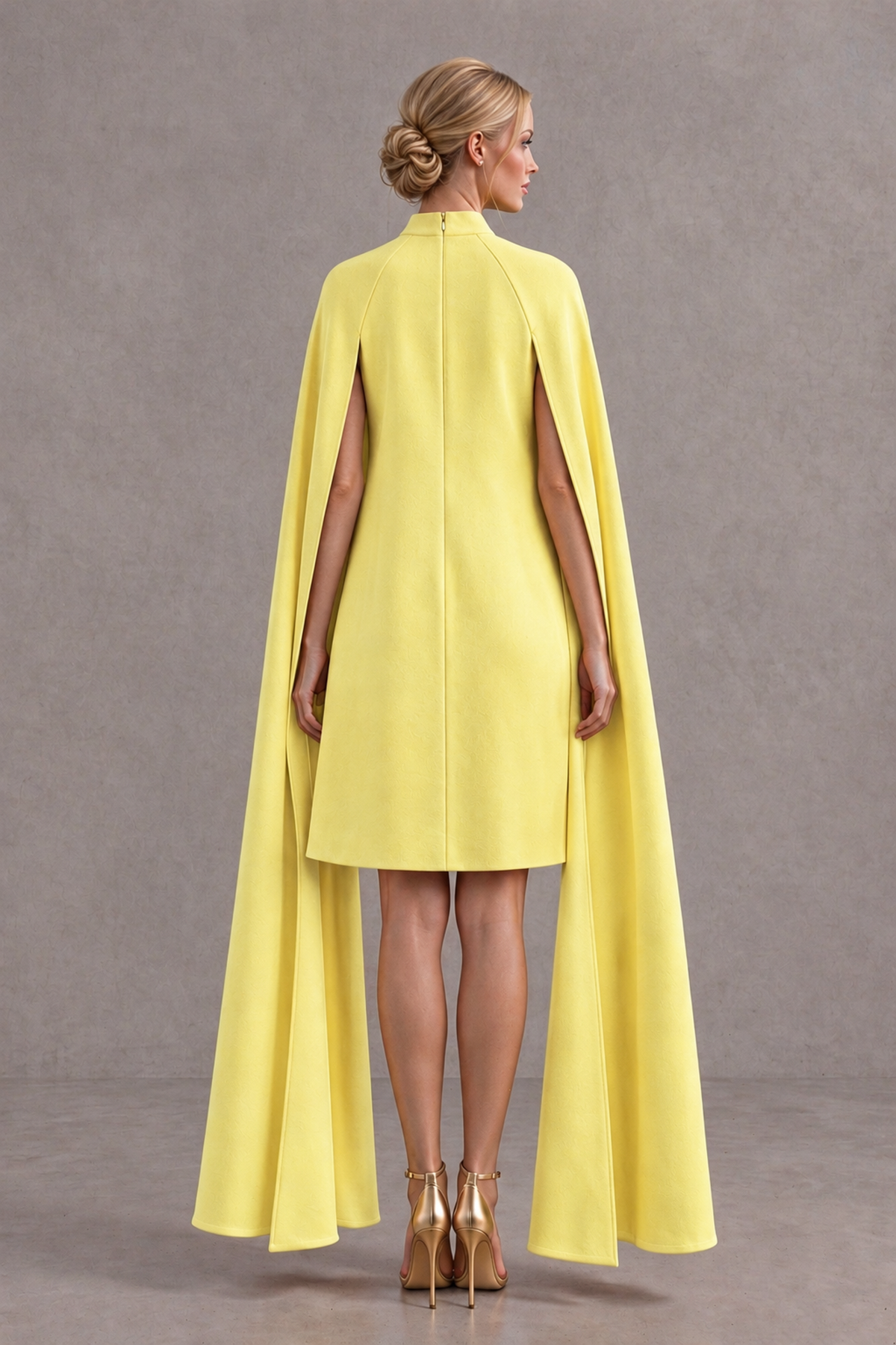 BOLODOO Light Yellow High Neck Floral Cape Mini Cocktail Dress - Light Yellow - Light Yellow_3