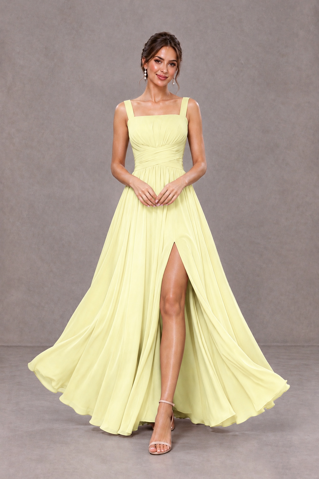 BOLODOO Light Yellow Square Neck A-Line Bridesmaid Dress with Slit - Light Yellow - Light Yellow_3