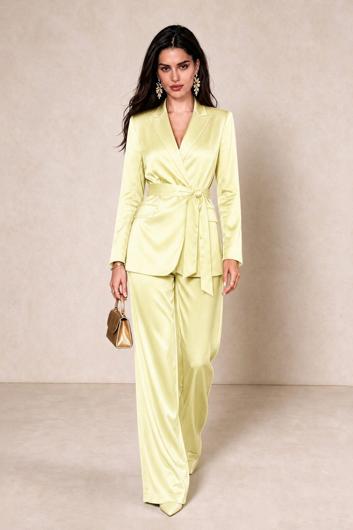 BOLODOO Light Yellow Satin Wrap Blazer Wide-Leg Pants Two-Piece Suit Set – Evening Gala Wedding Guest - Light Yellow - Light_Yellow_3