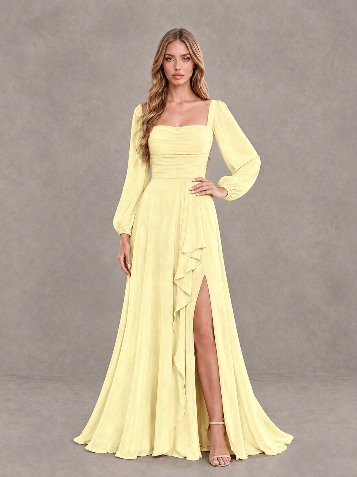 BOLODOO Light Yellow Square Neck Long Sleeve Bridesmaid Dress with Ruffle Slit - Light Yellow - Light Yellow_3