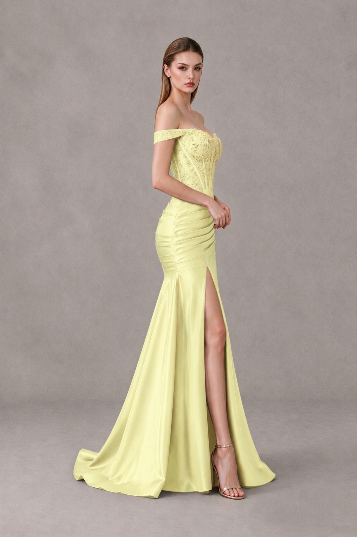 BOLODOO Light Yellow Off-Shoulder Corset Mermaid Prom Dress with Slit Sequin Lace Evening Gown - Light Yellow - Light Yellow_3
