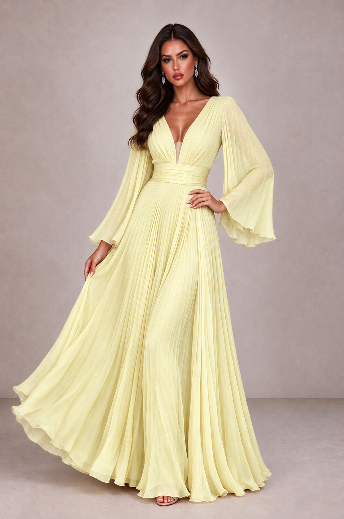 BOLODOO Light Yellow Pleated Deep V-Neck Long Bell Sleeve Evening Dress - Light Yellow - Light_Yellow_3
