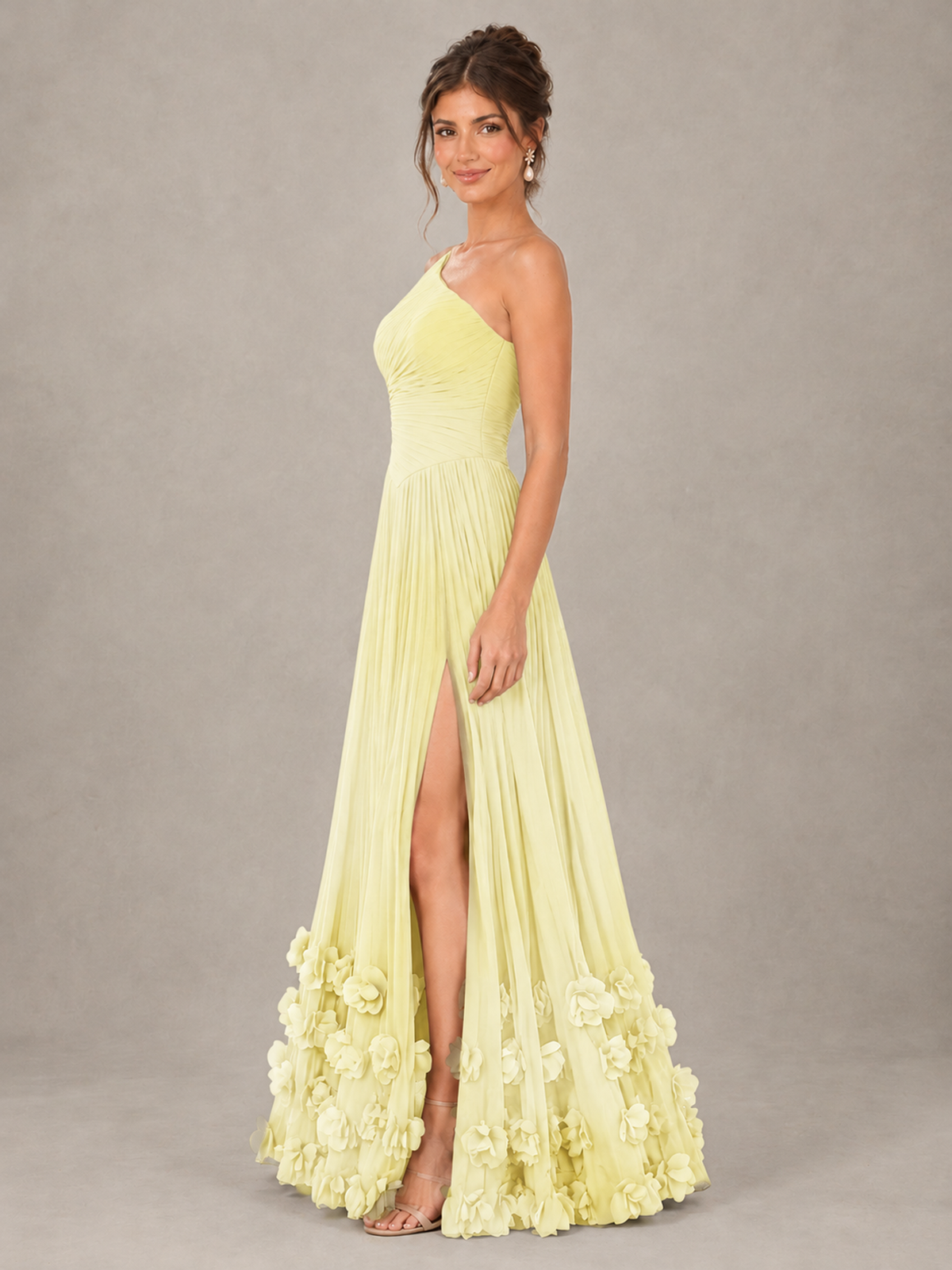 BOLODOO Light Yellow One-Shoulder Pleated Bridesmaid Dress with 3D Floral Hem - Light Yellow - Light Yellow_3