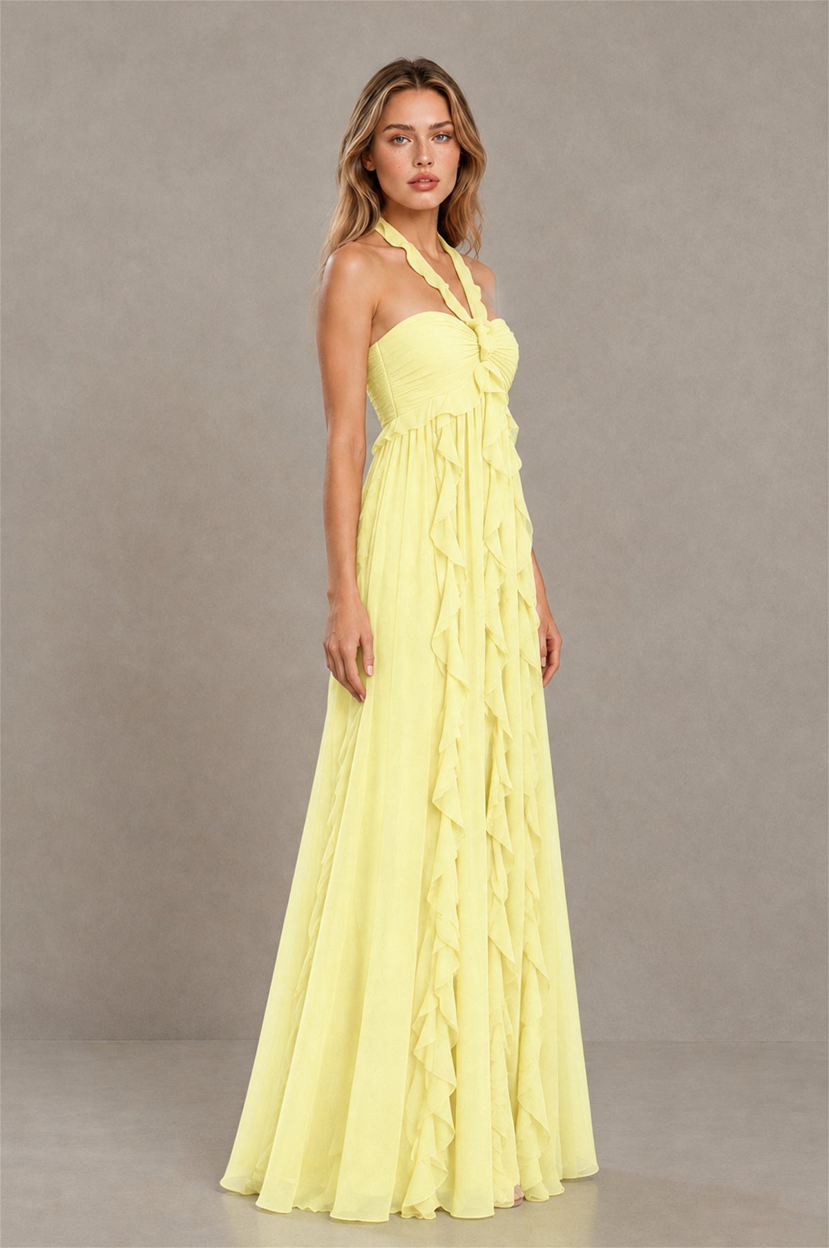 BOLODOO Light Yellow Halter Ruffle A-Line Floor-Length Evening Dress - Light Yellow - Light_Yellow_3