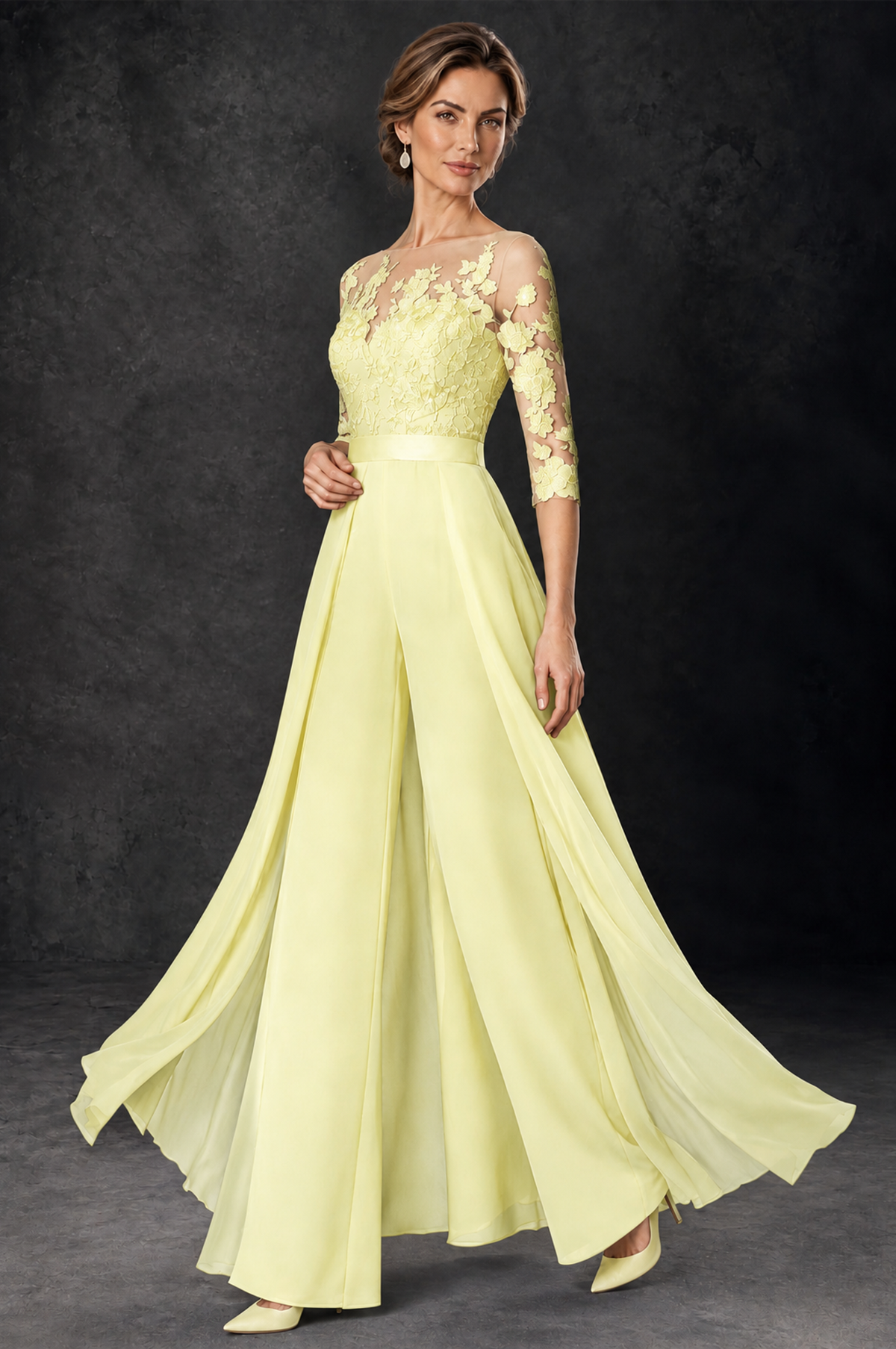 BOLODOO Light Yellow Lace Wide-Leg Jumpsuit with Three-Quarter Sleeves - Light Yellow - Light_Yellow_3