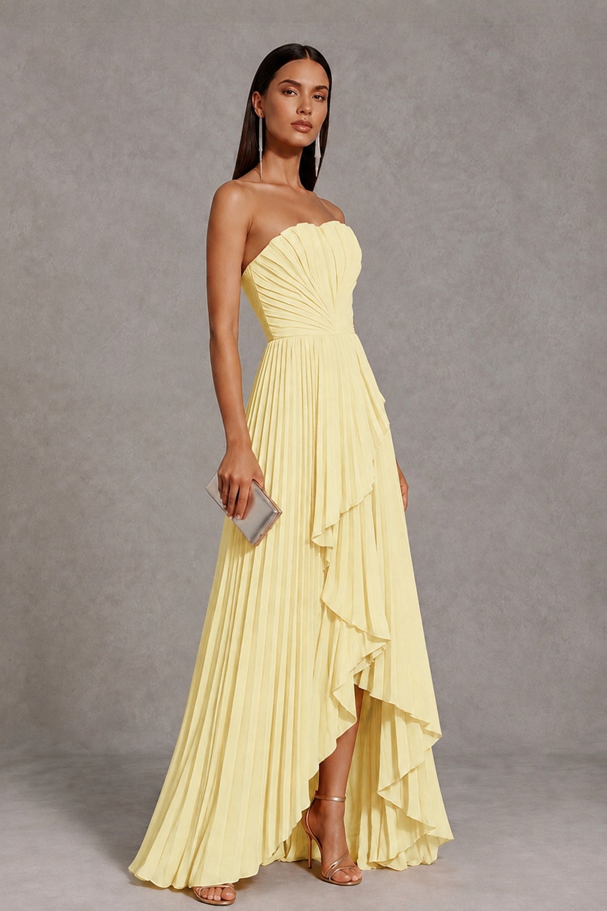 Light Yellow Strapless Pleated High-Low Evening Gown with Ruffle Hem - Light Yellow