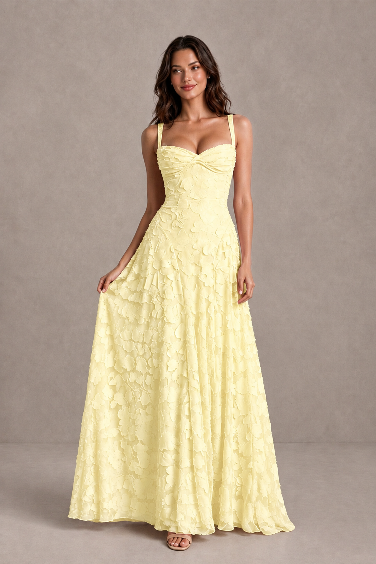 BOLODOO Light Yellow Floral-Textured A-Line Dress with Lace-Up Back - Light Yellow - Light Yellow_3