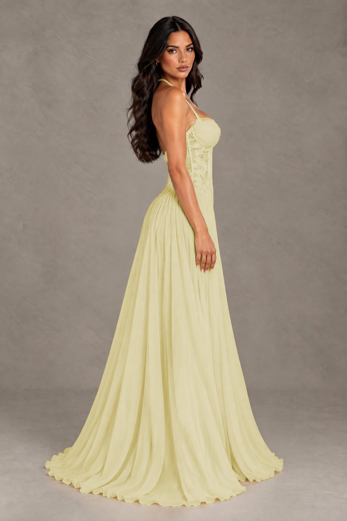 BOLODOO Light Yellow Lace Corset Halter Maxi Gown – Backless A-Line Formal Dress - Light Yellow - Light Yellow(3)