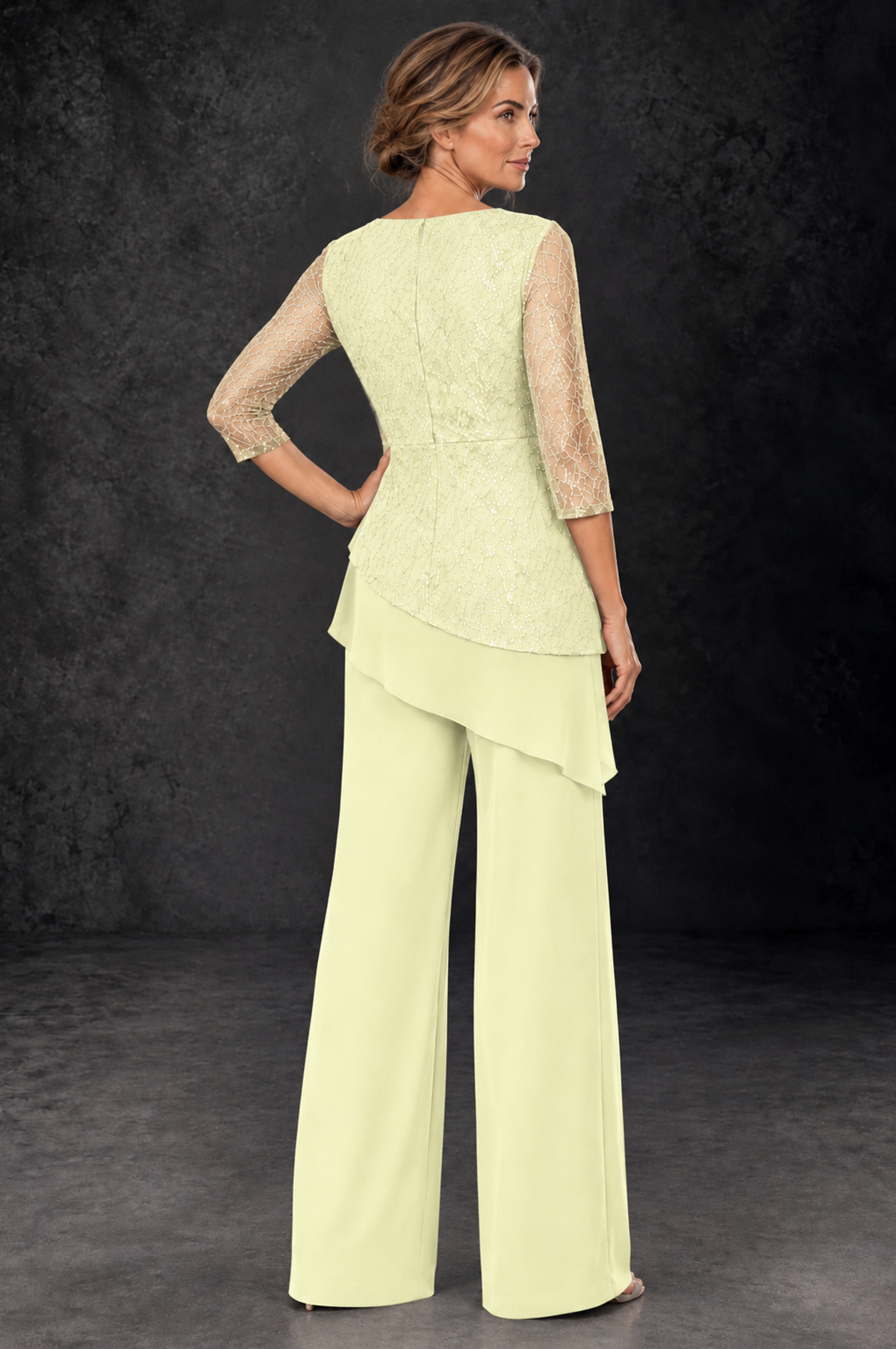 BOLODOO Light Yellow Sequin Lace 3/4 Sleeve Chiffon Mother of the Bride Pant Suit - Light Yellow - Light_Yellow_3