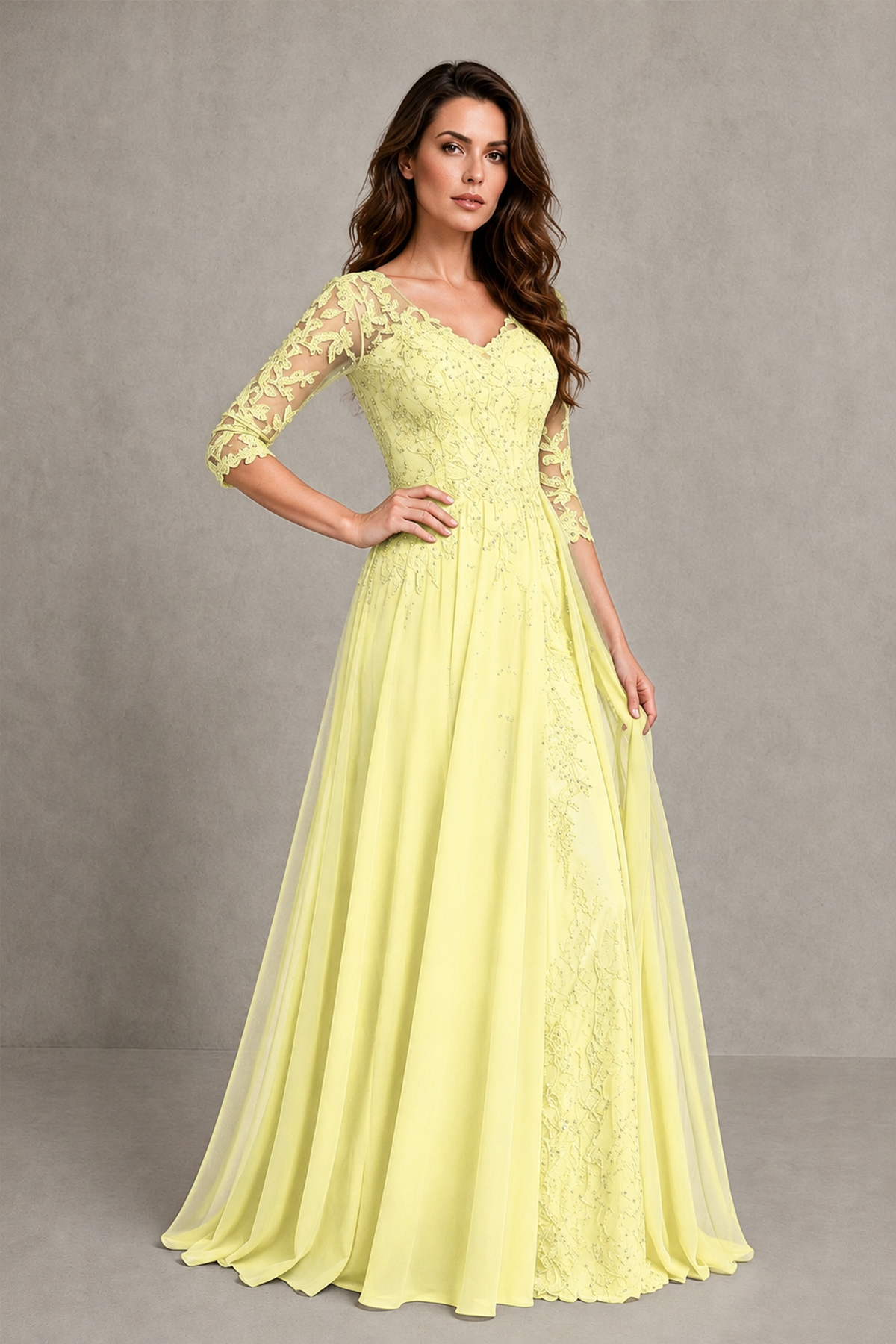 BOLODOO Midnight Light Yellow Beaded Lace Appliqué Chiffon A-Line Gown | Mother of the Bride & Formal Evening Dress - Light Yellow - Light Yellow_3