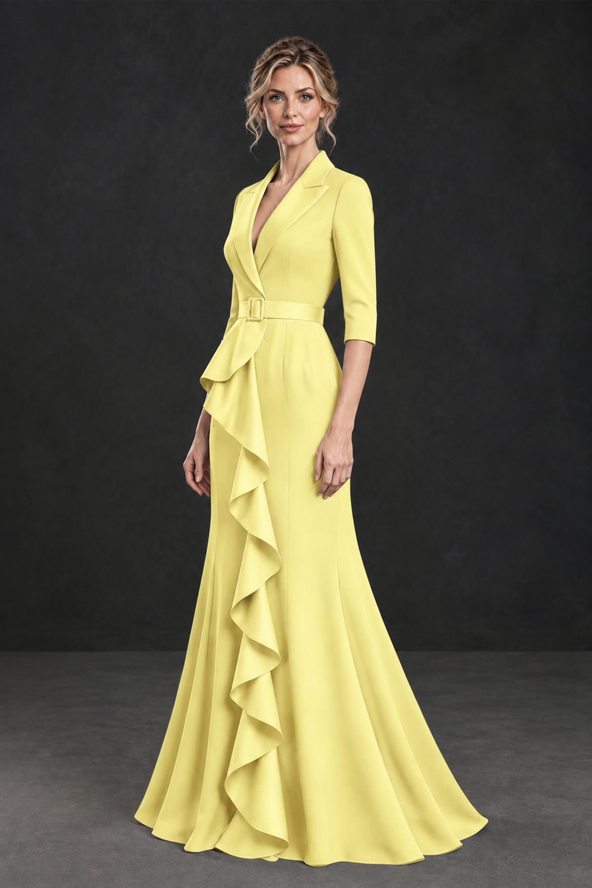 BOLODOO Light Yellow Lapel Ruffle Mother of the Bride Dress with Belt - Light Yellow - Light Yellow_3